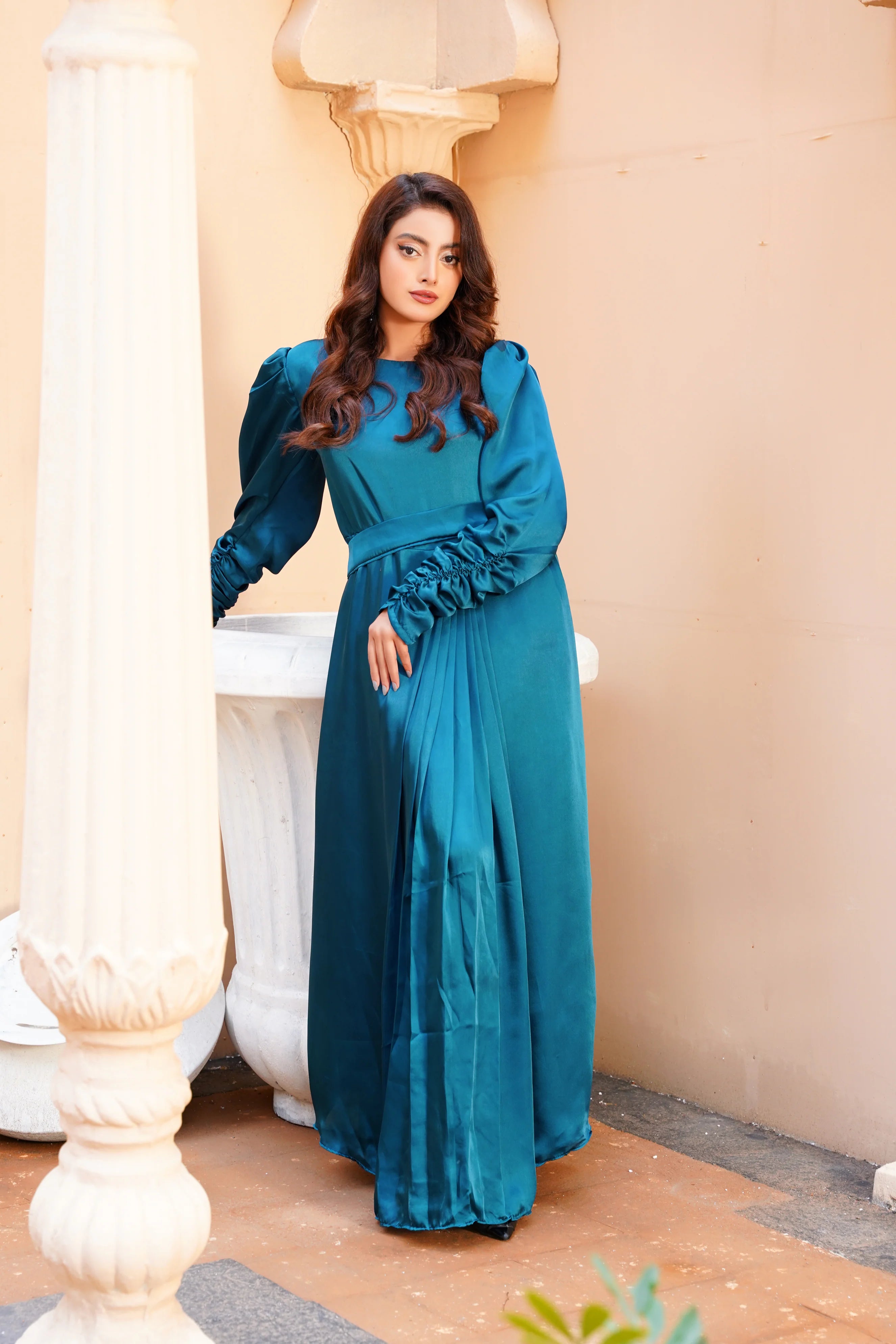 Teal Green Silk Long Maxi Dress