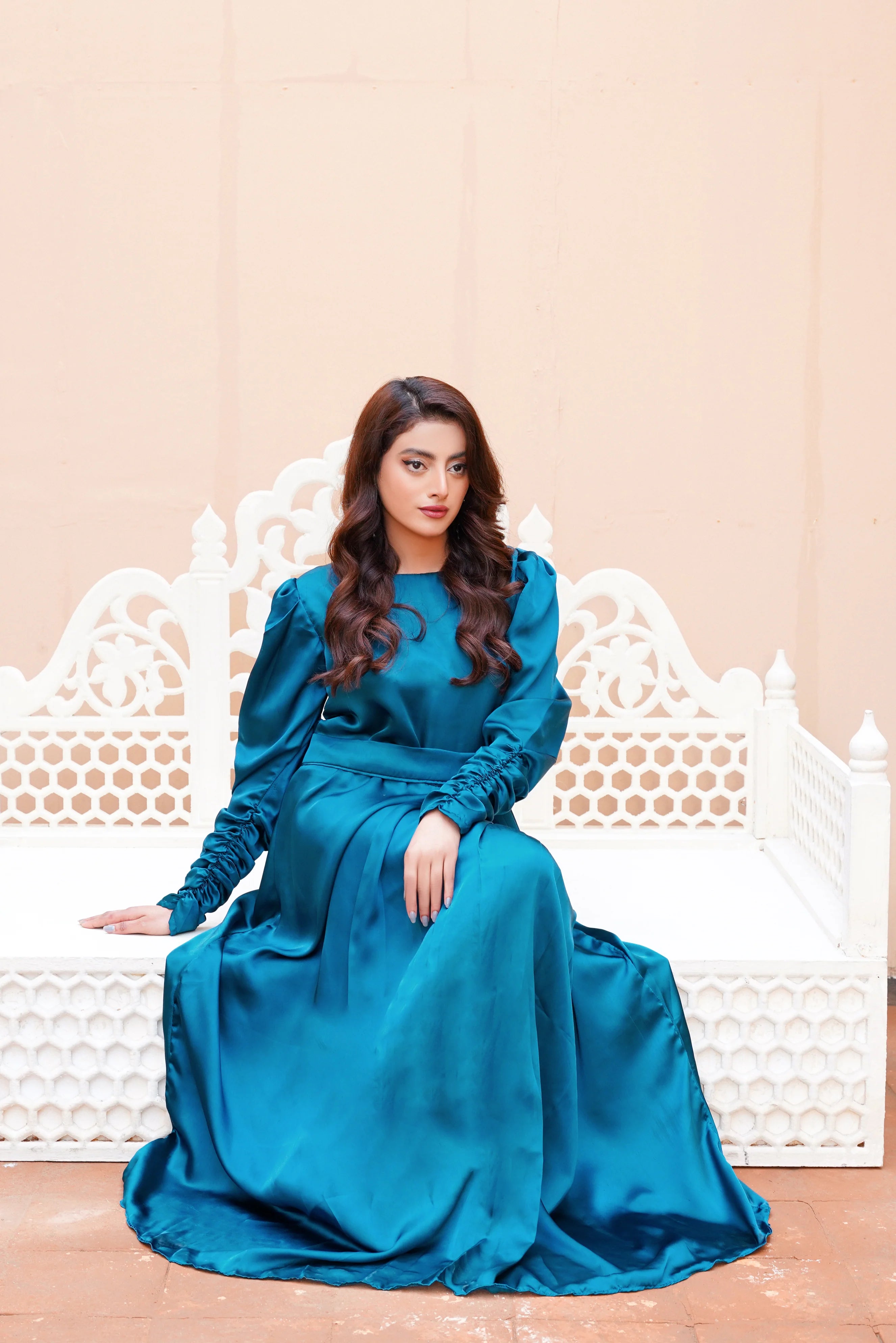 Teal Green Silk Long Maxi Dress