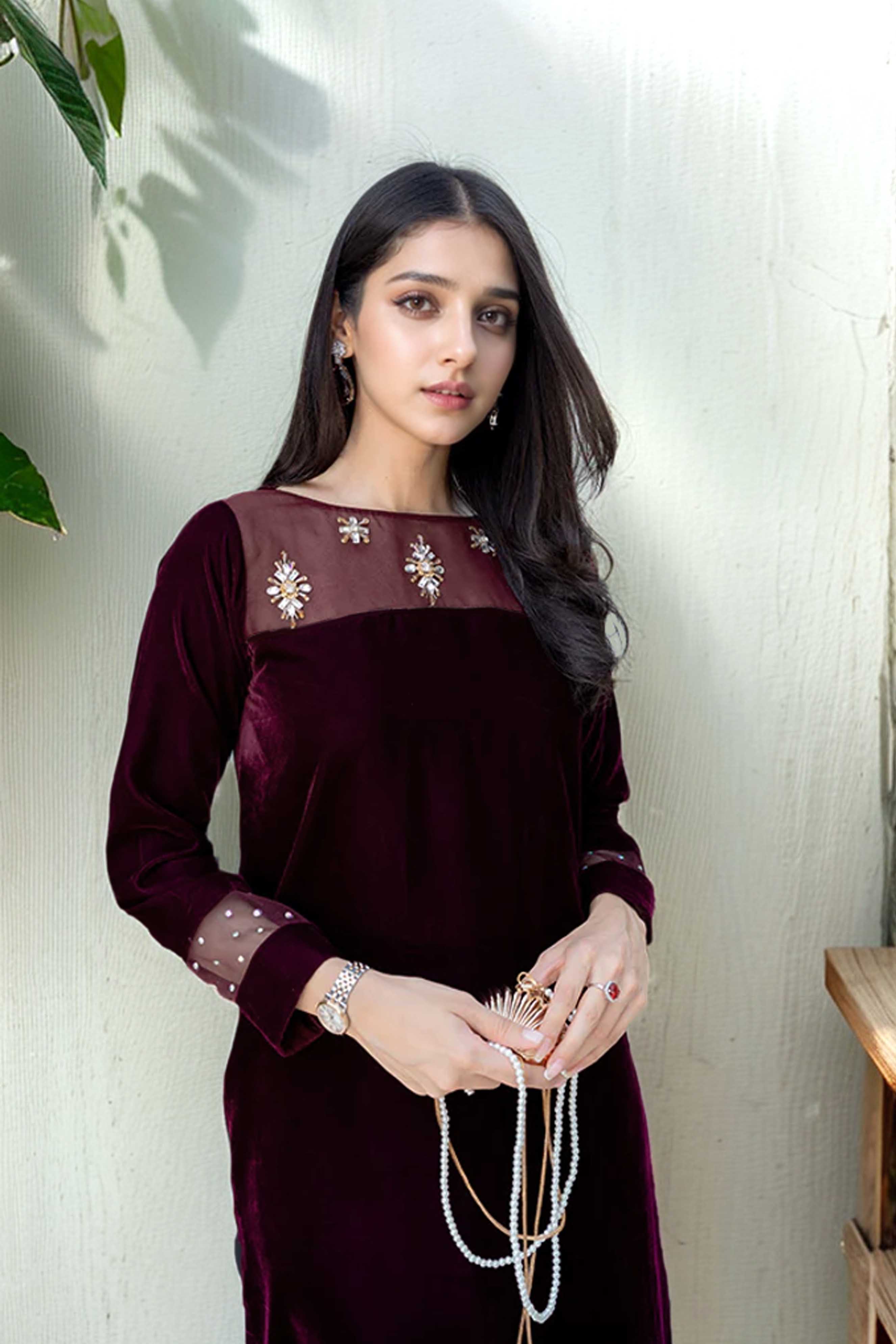 Maroon Velvet Two Piece Set with Hand Embellishments