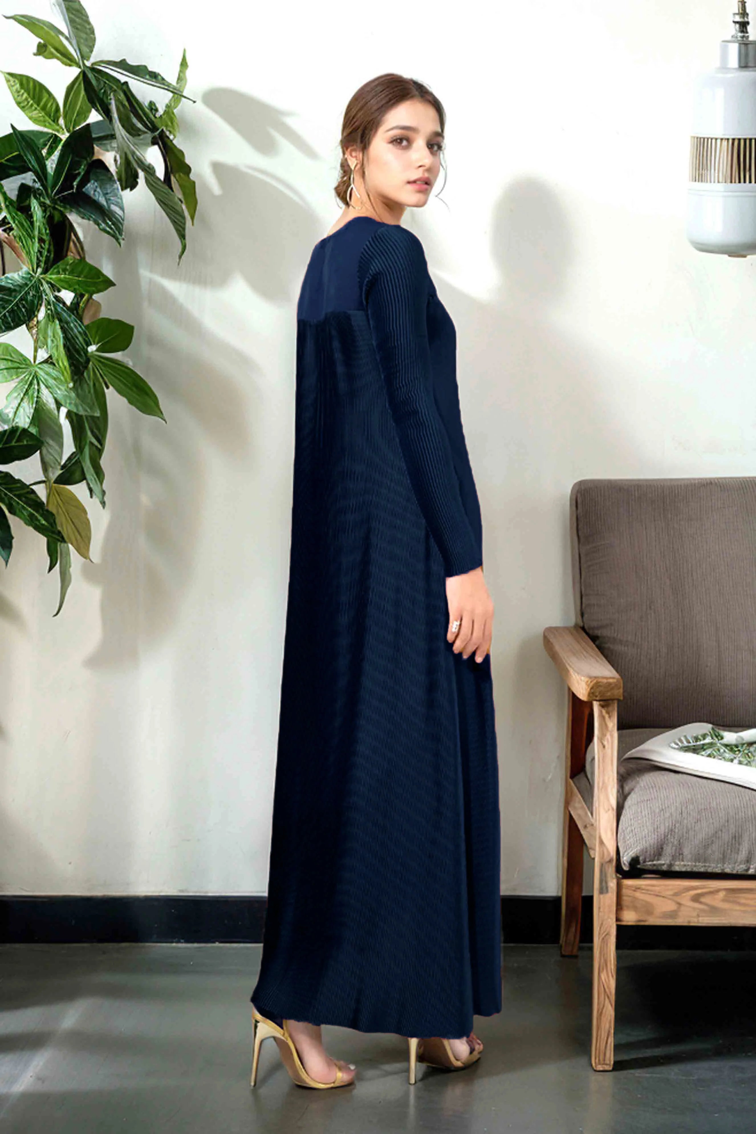 Navy Blue Maxi Dress with Delicate Hand Embellished Pleats