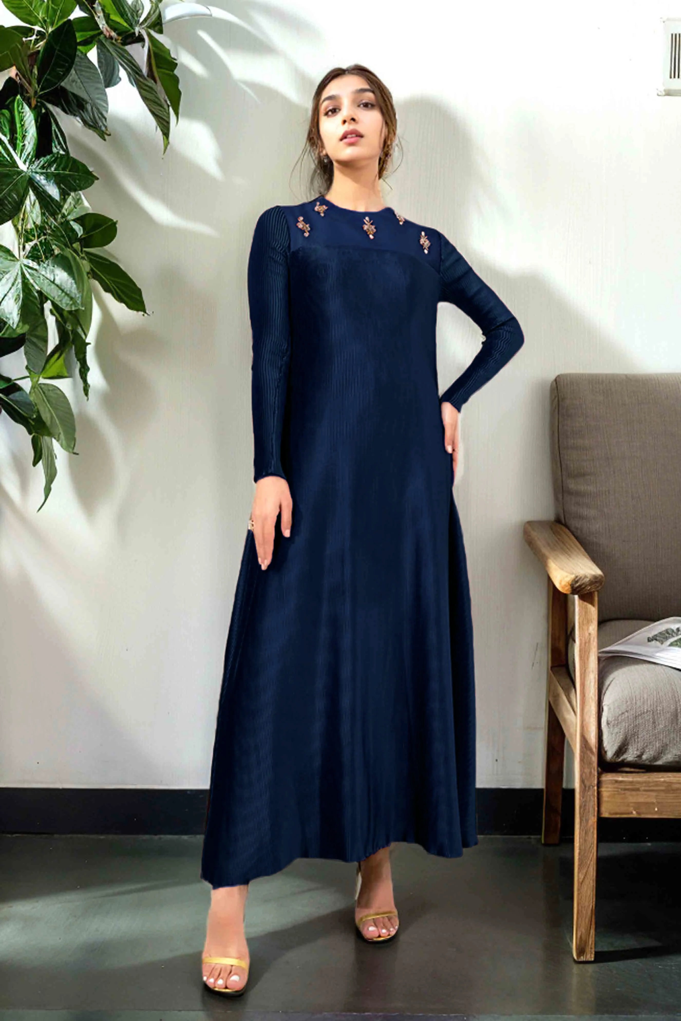 Navy Blue Maxi Dress with Delicate Hand Embellished Pleats