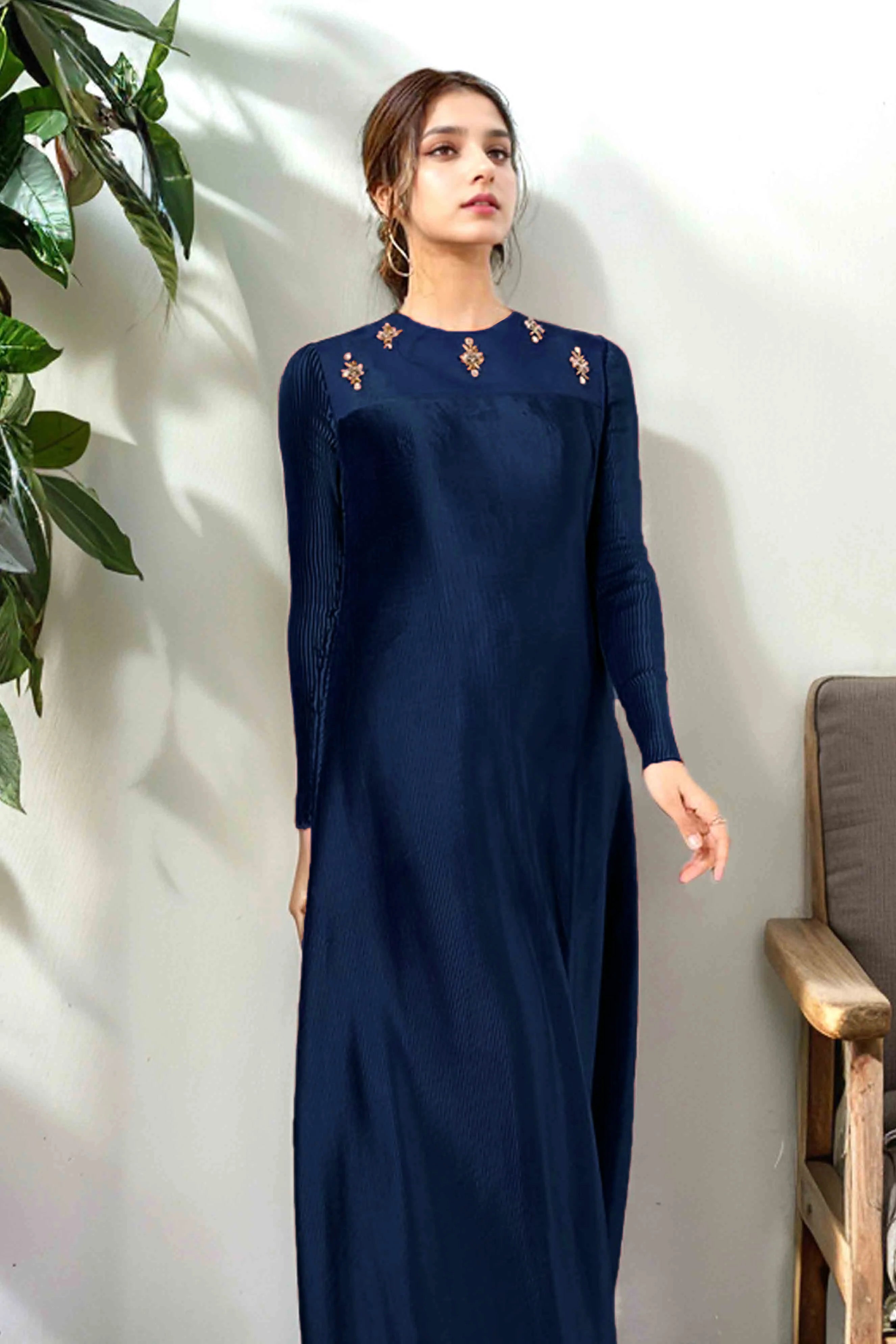 Navy Blue Maxi Dress with Delicate Hand Embellished Pleats