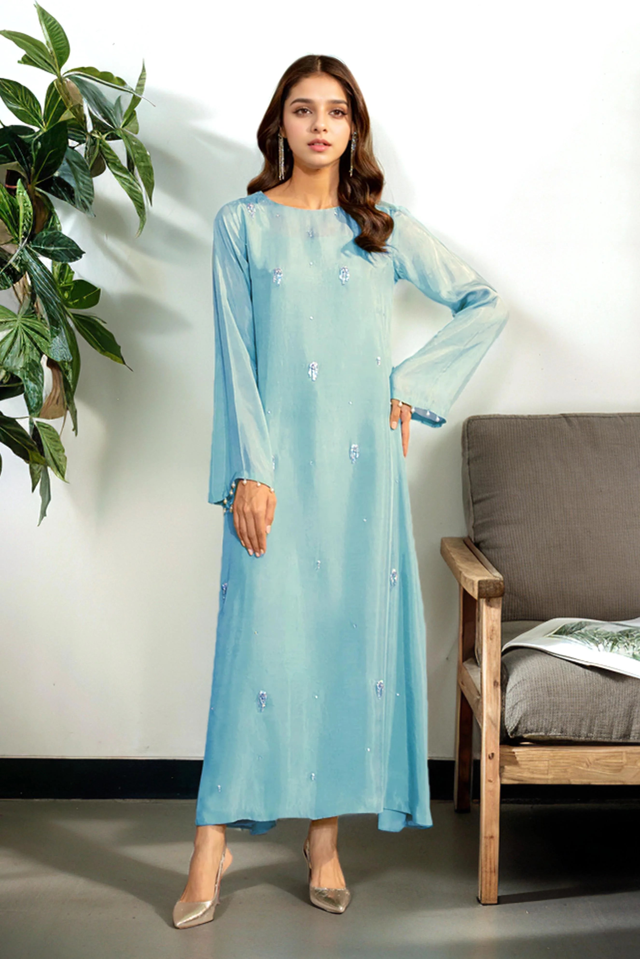 Crystal Embellished Sky Blue Floor-Length Dress