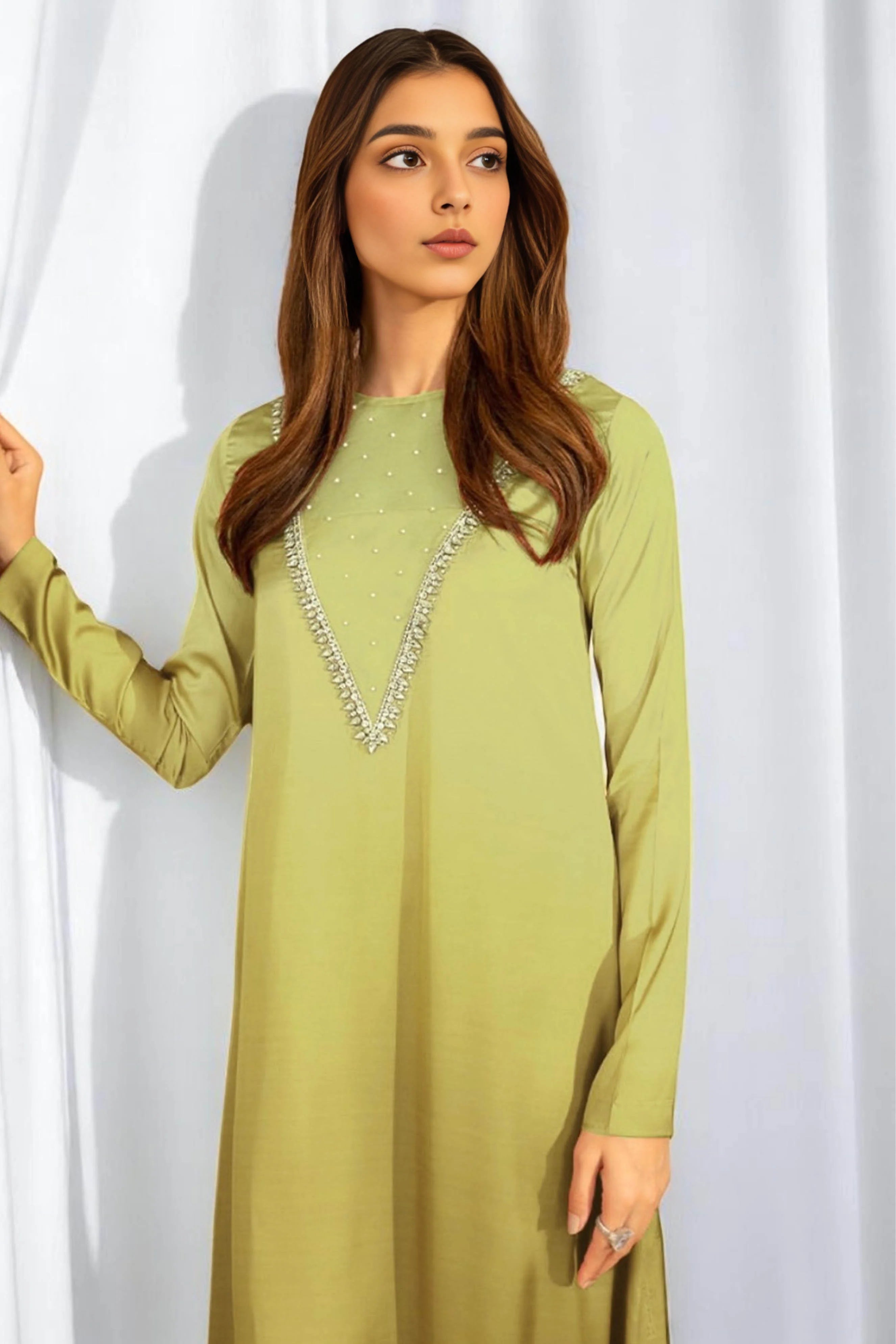 Light Green Long Dress with Crystal Hand Embellishments