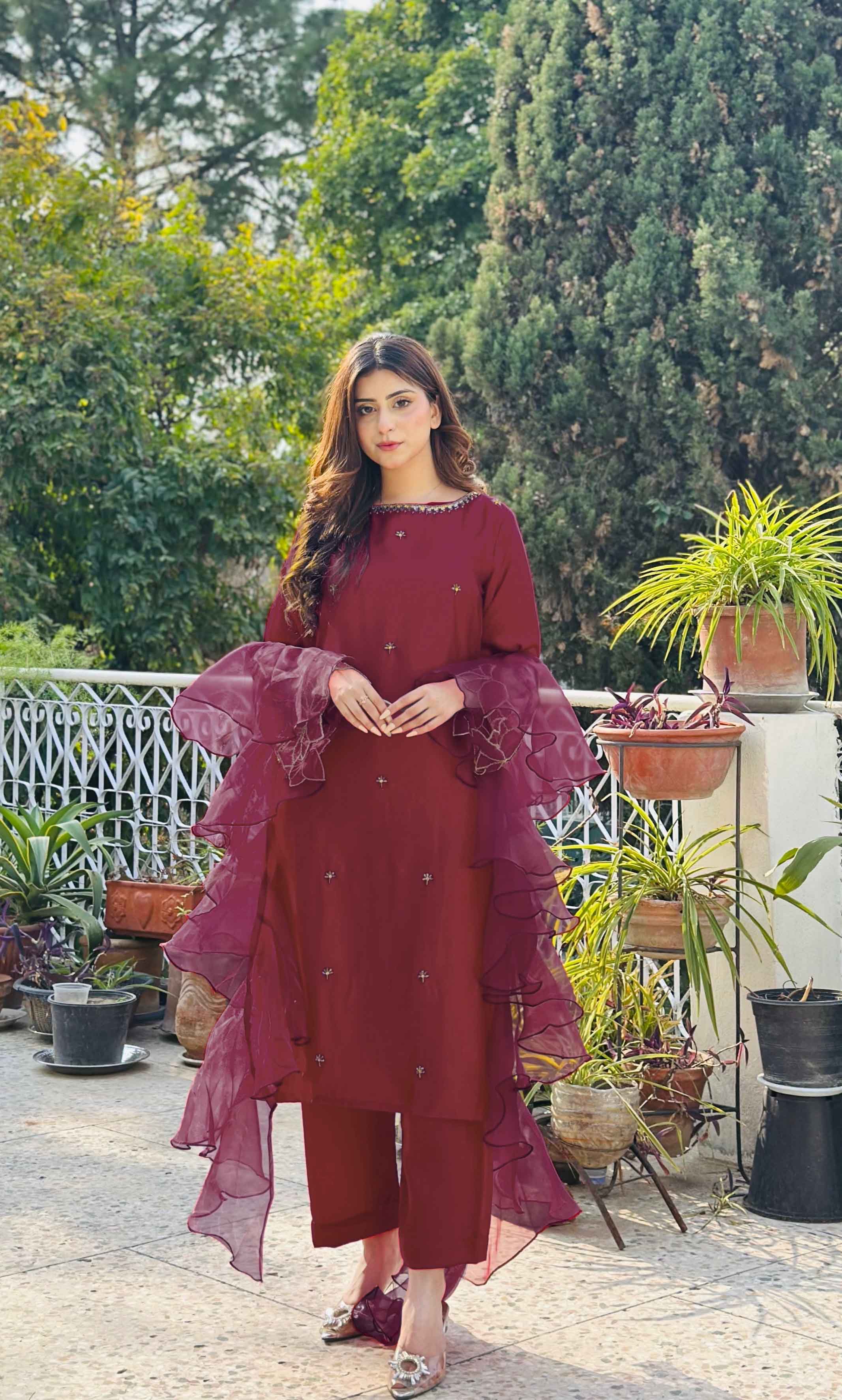 Maroon Two-Piece Dress with Crystal Hand Embellishments