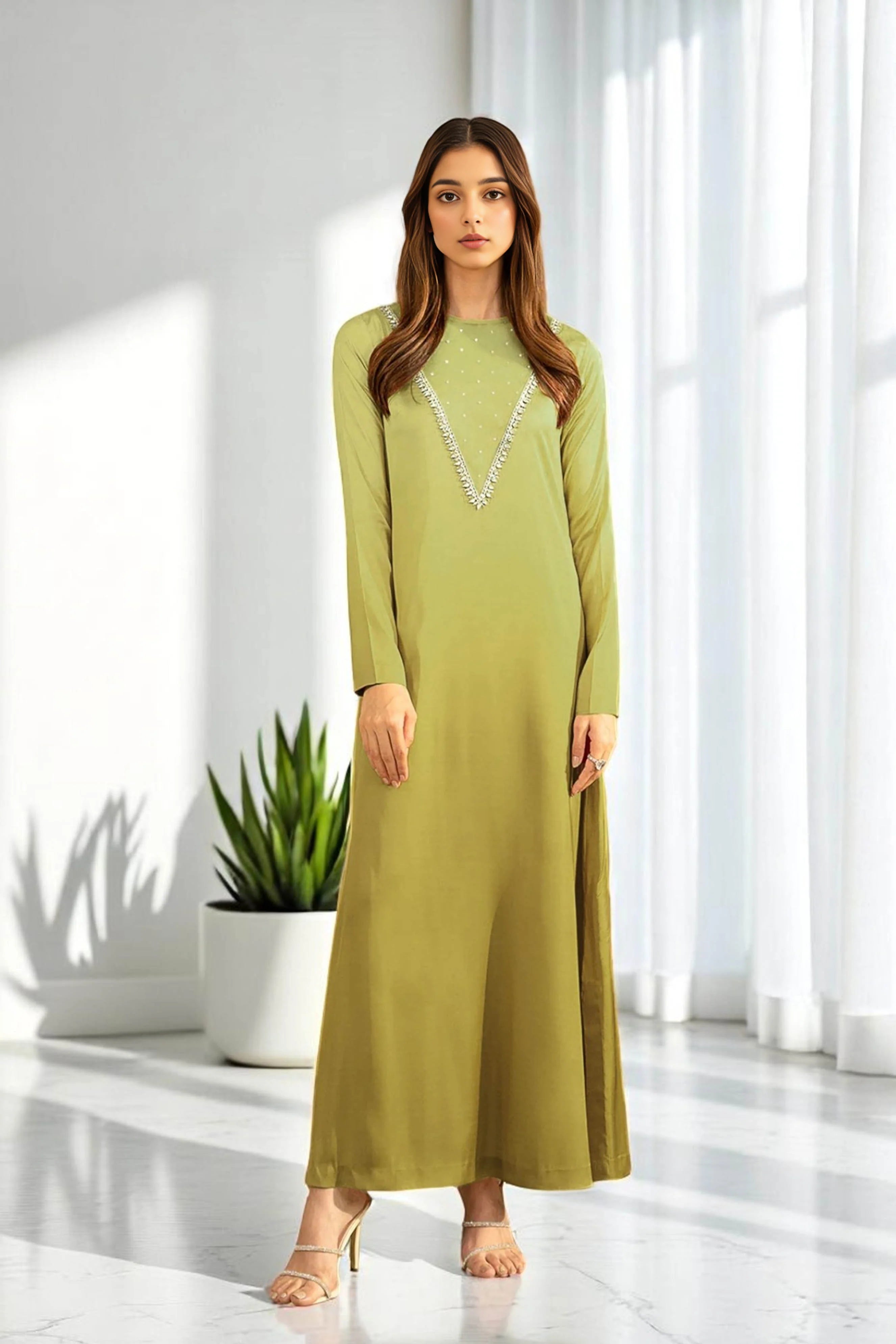 Light Green Long Dress with Crystal Hand Embellishments