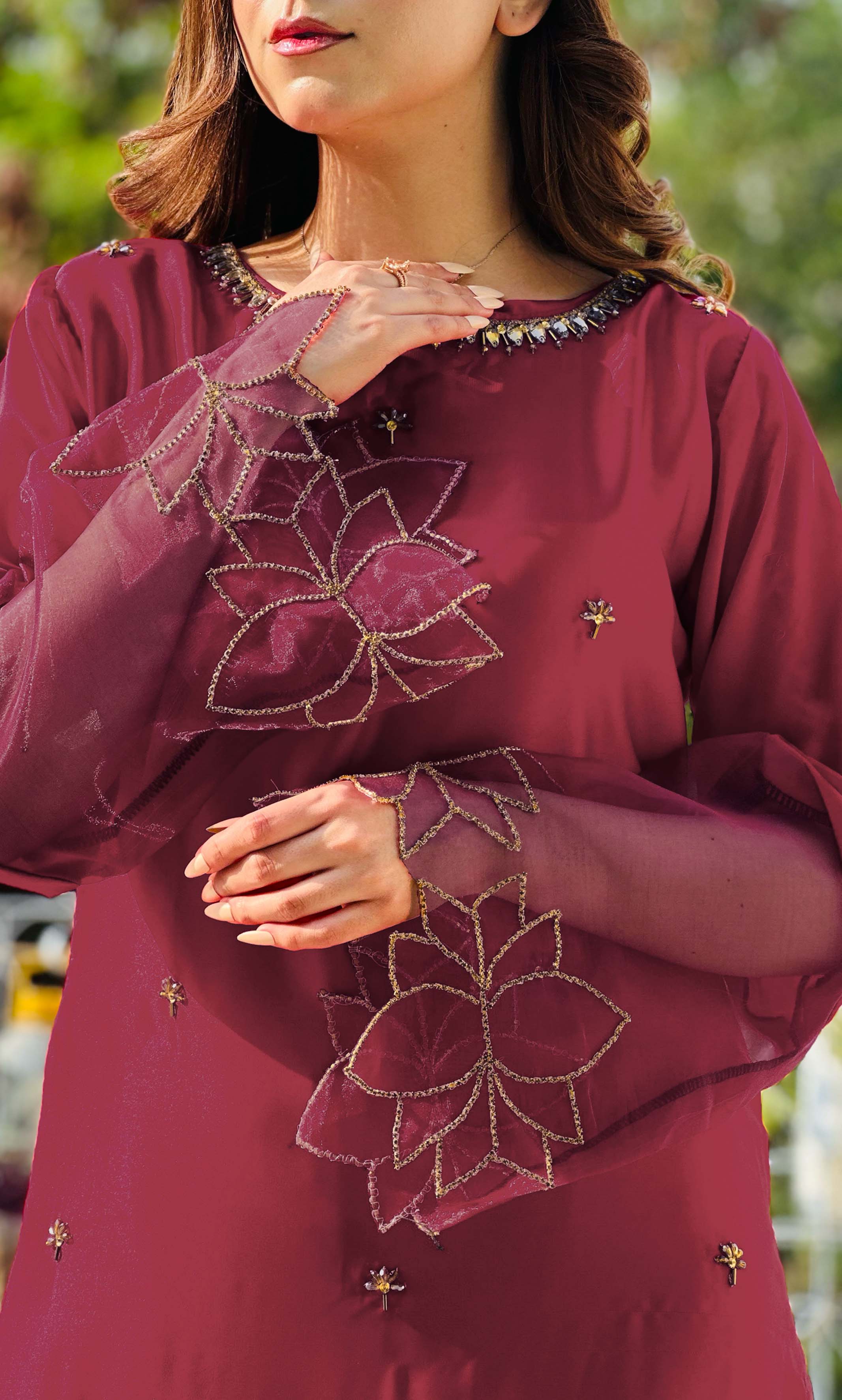 Maroon Two-Piece Dress with Crystal Hand Embellishments