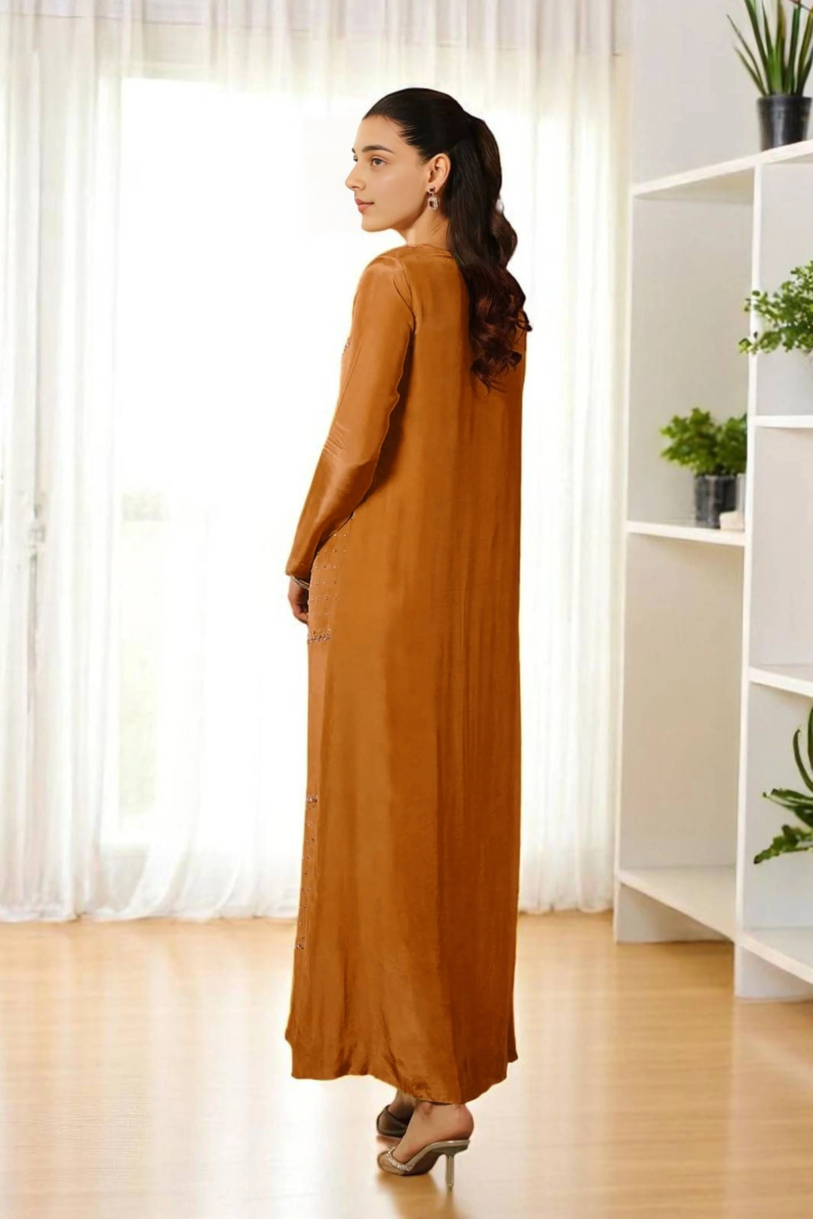 Rust Colored Long Dress with Crystal Hand Embellishments