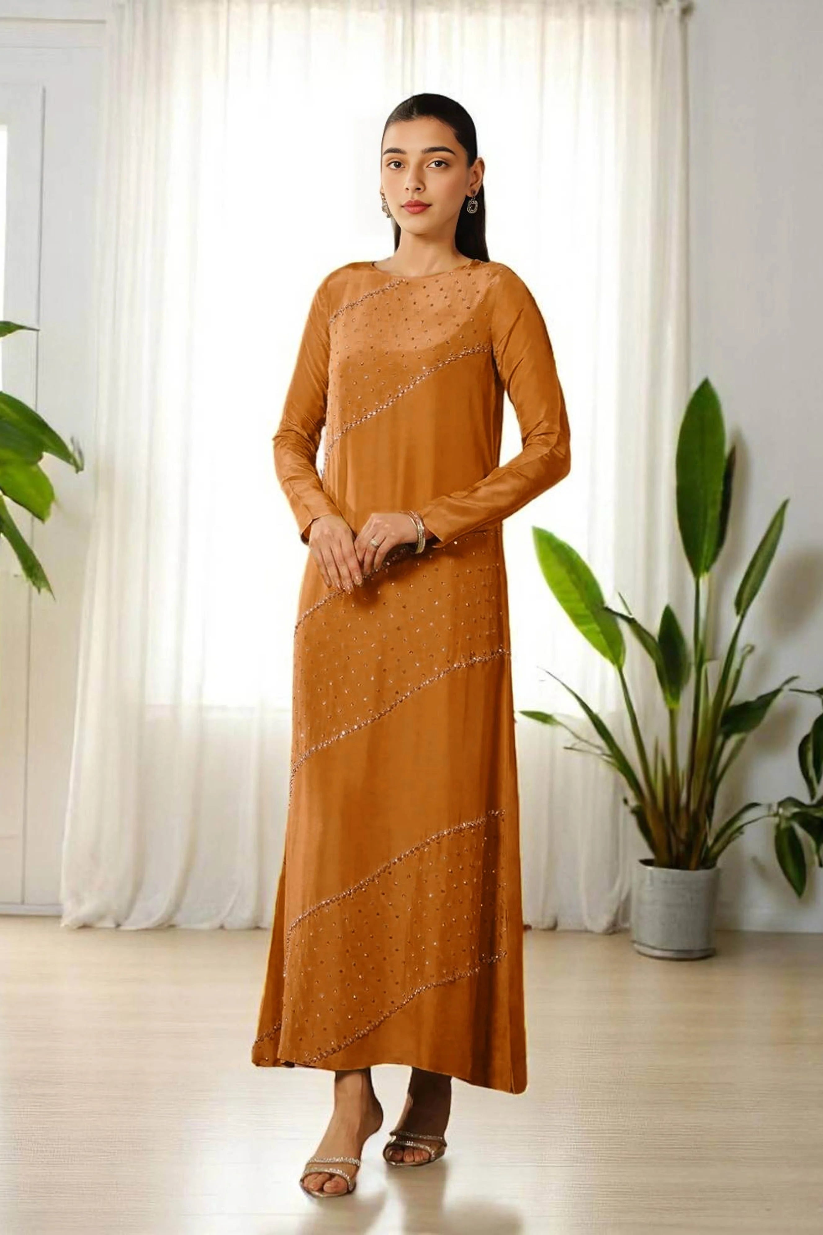 Rust Colored Long Dress with Crystal Hand Embellishments