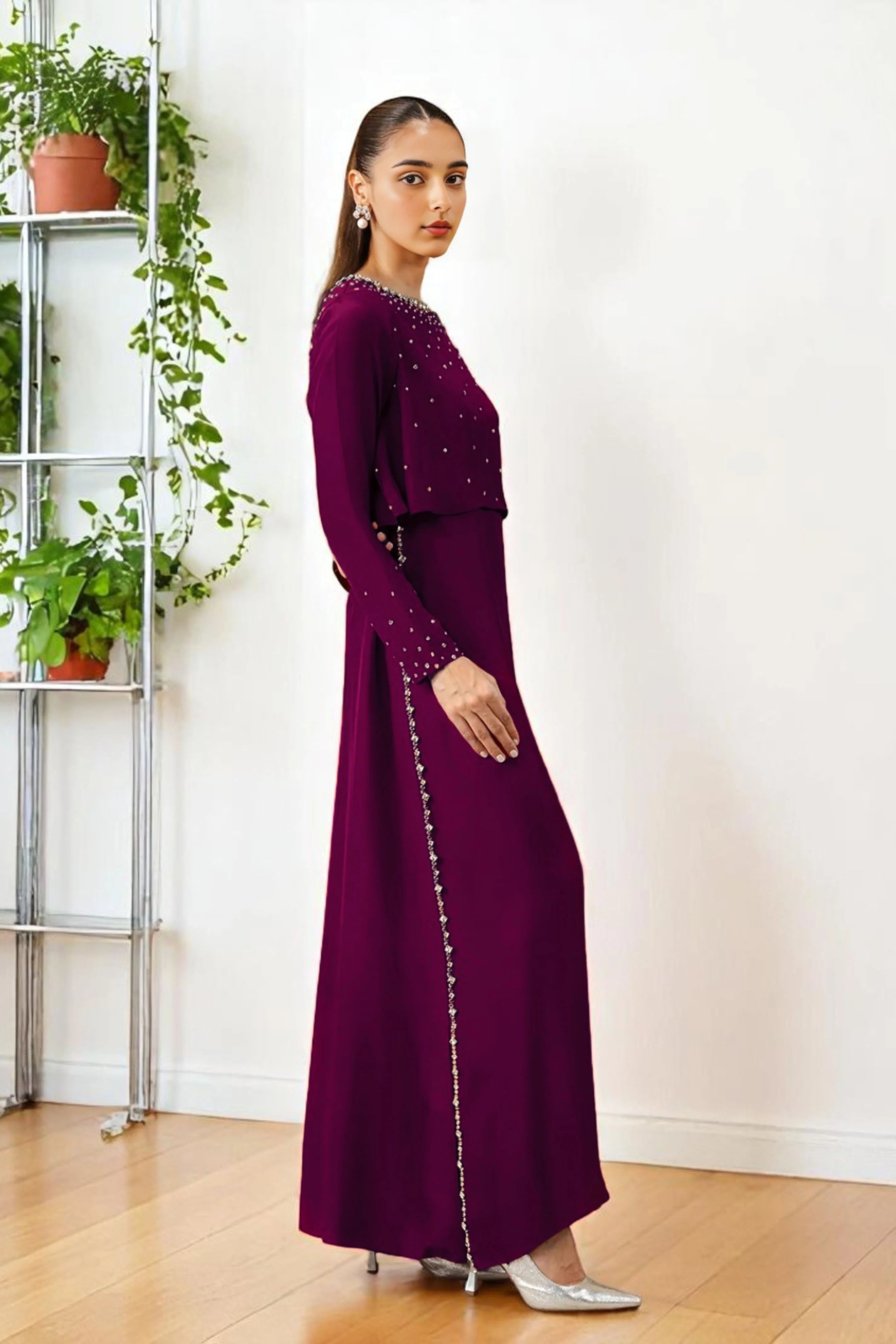 Crystal-Embellished Plum Outfit with Crop Top and Flowing Dress