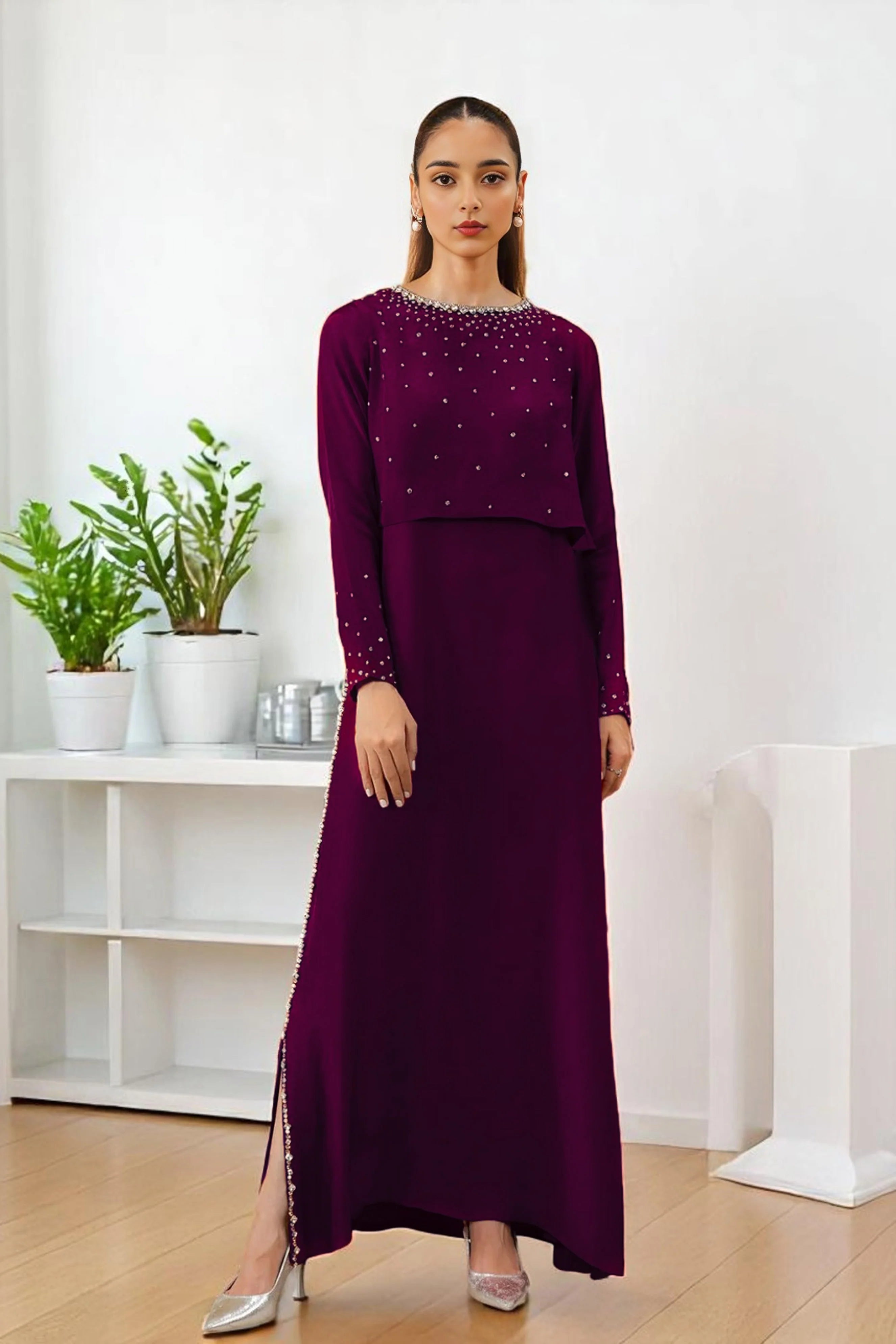 Crystal-Embellished Plum Outfit with Crop Top and Flowing Dress