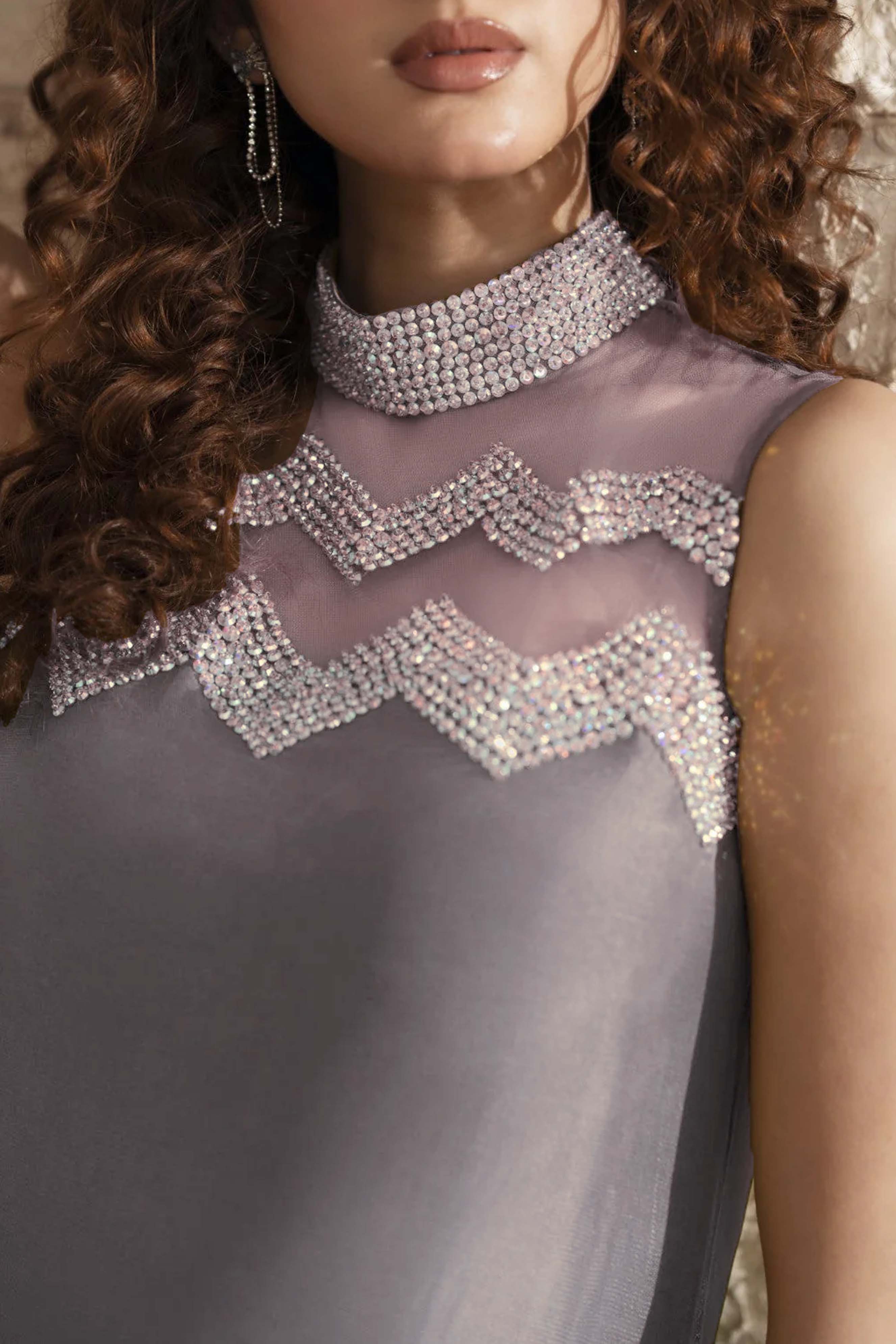 Silver Silk Maxi Dress with Hand Embellishments