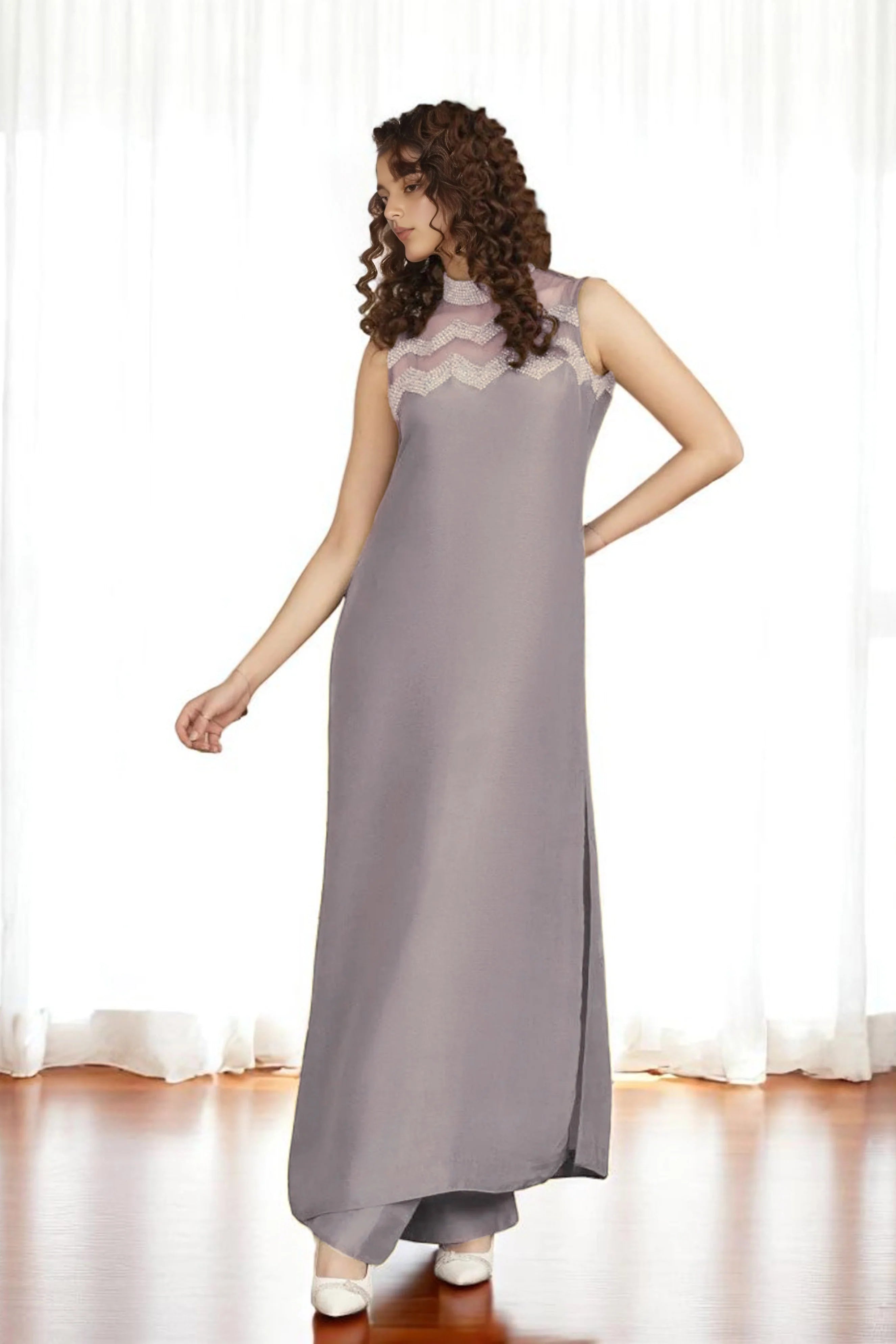 Silver Silk Maxi Dress with Hand Embellishments