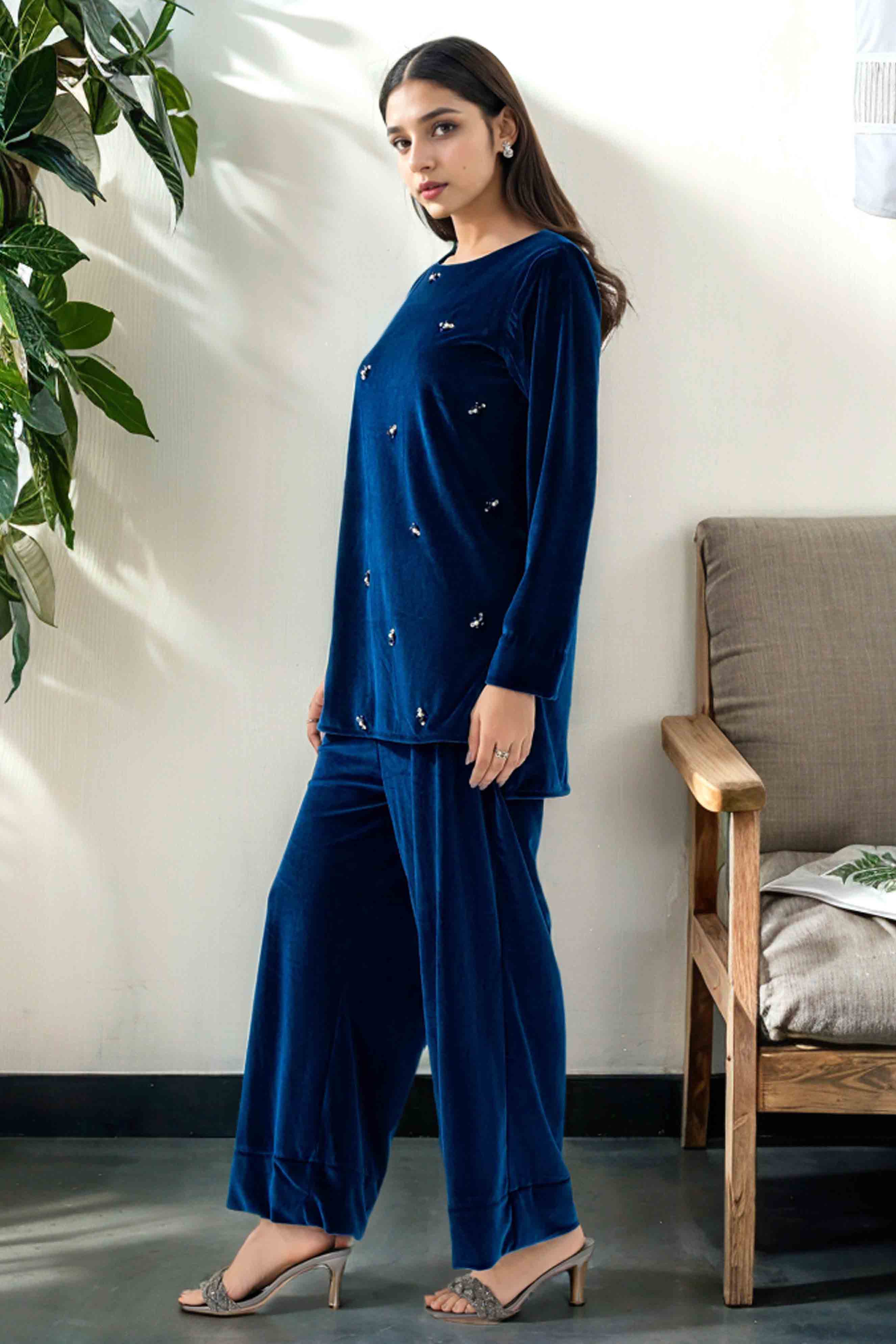 Navy Blue Velvet Co-Ord Set with Hand Embellishments