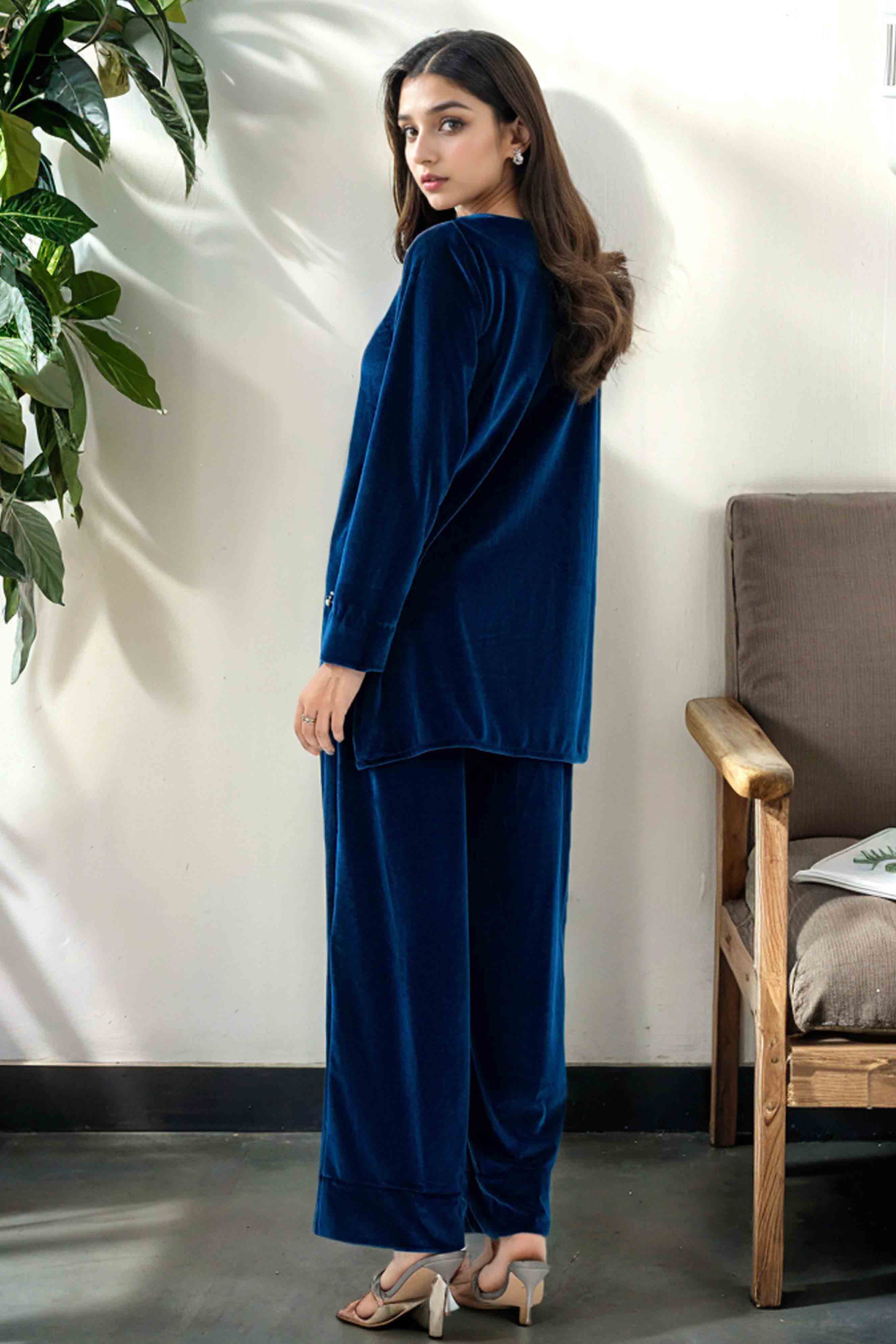 Navy Blue Velvet Co-Ord Set with Hand Embellishments