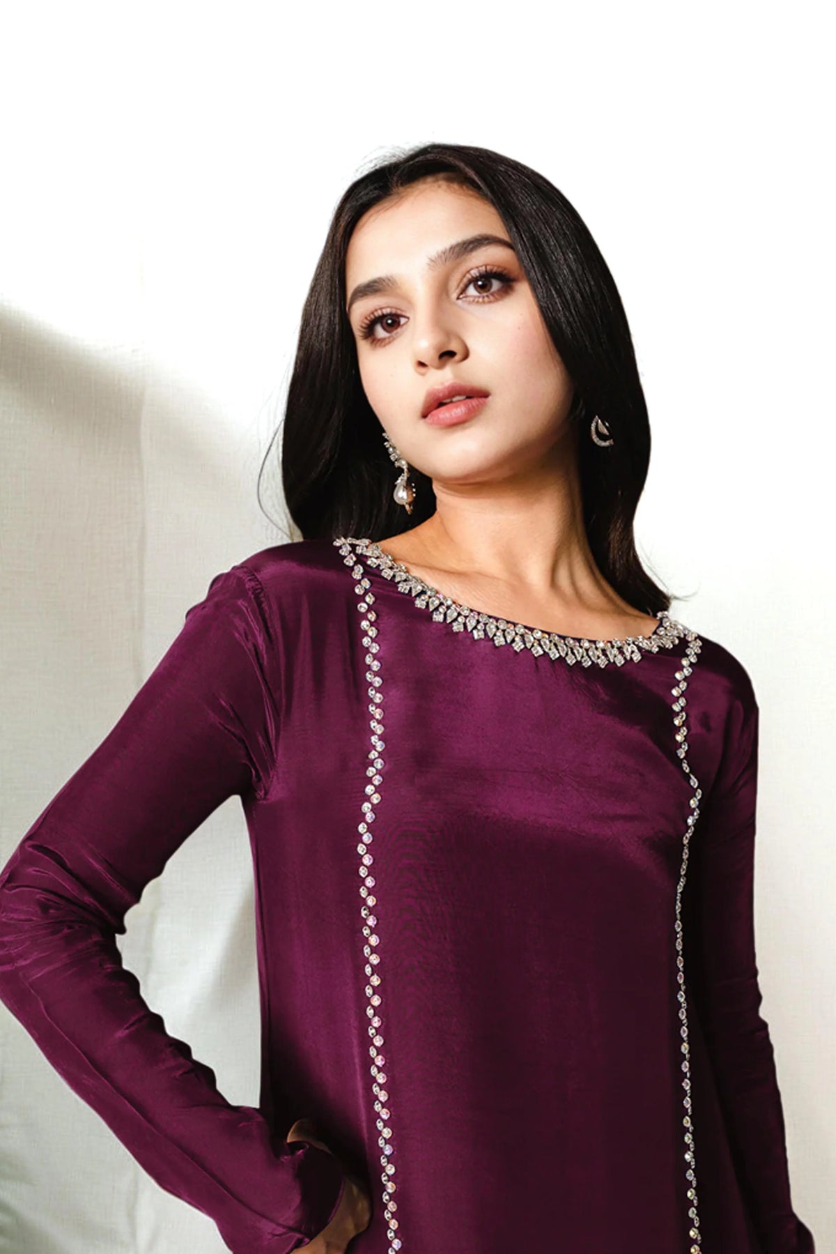 Long Burgundy Silk Dress with Hand-Embellished Crystals