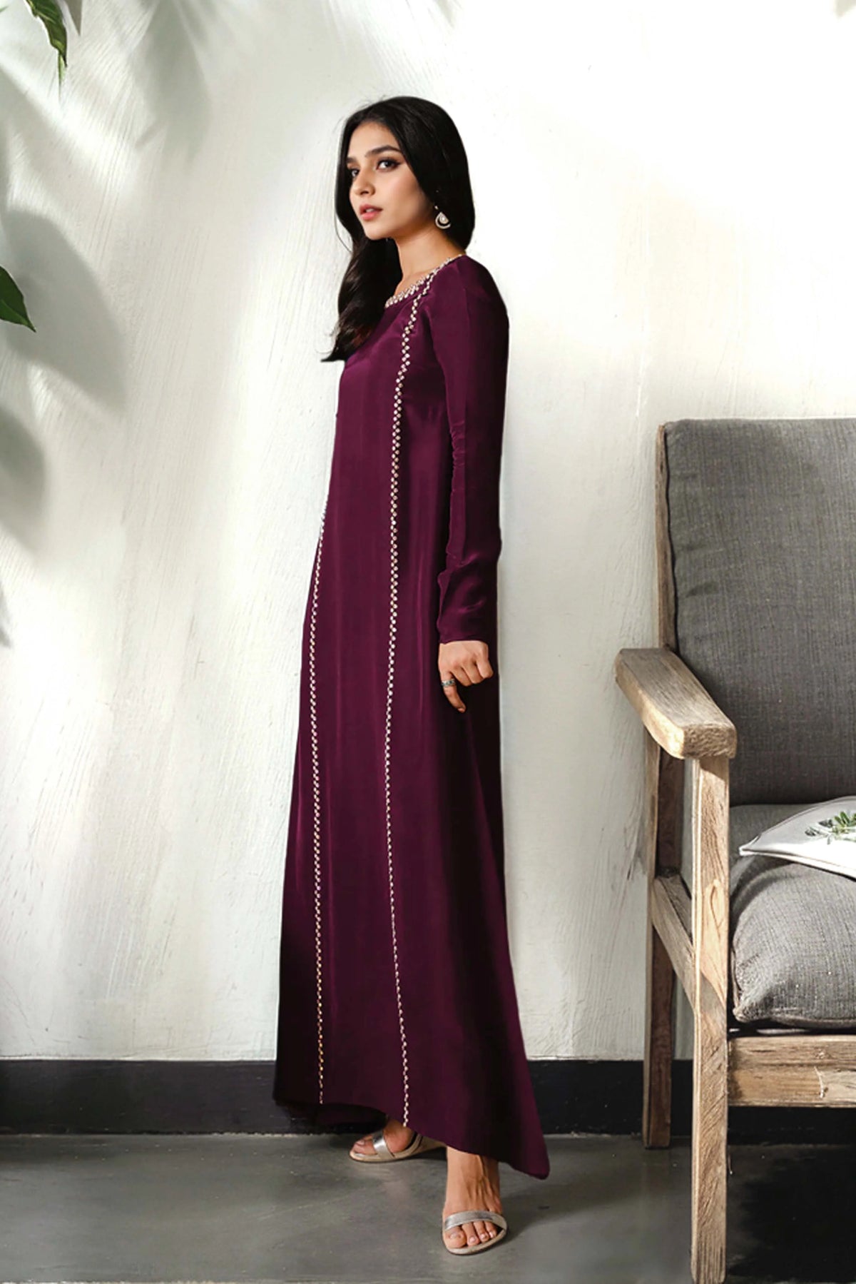 Long Burgundy Silk Dress with Hand-Embellished Crystals