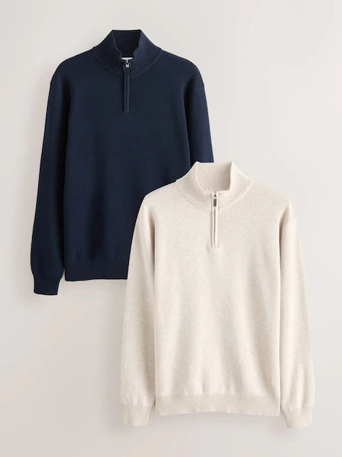 2-Pack Regular Fit Premium Quarter-Zip Jumpers in Navy Blue & Oatmeal