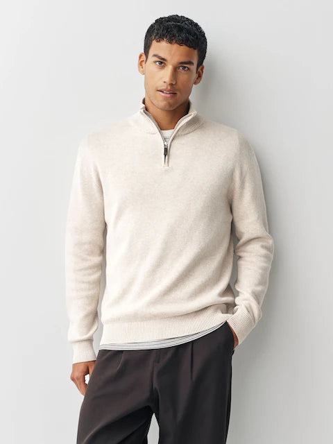 2-Pack Regular Fit Premium Quarter-Zip Jumpers in Navy Blue & Oatmeal