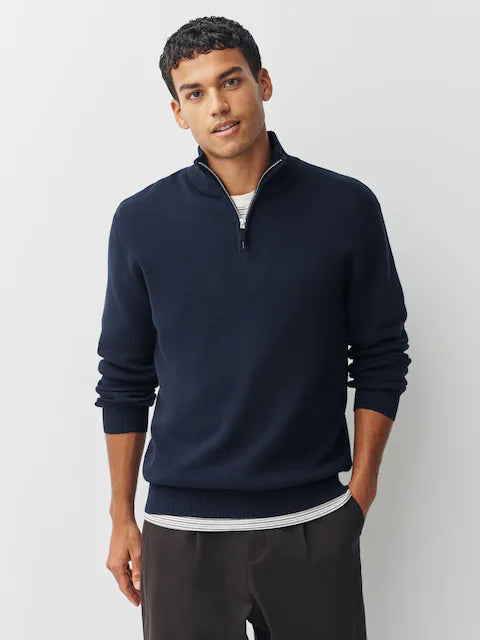 2-Pack Regular Fit Premium Quarter-Zip Jumpers in Navy Blue & Oatmeal