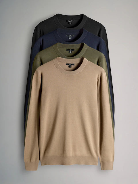 4-Pack Long Sleeve Knitted Crew Neck Jumpers in Black, Navy Blue, Khaki & Brown