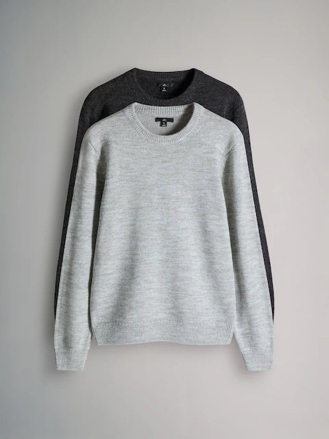 2-Pack Crew Neck Knitted Jumpers with Wool in Charcoal & Grey Marl