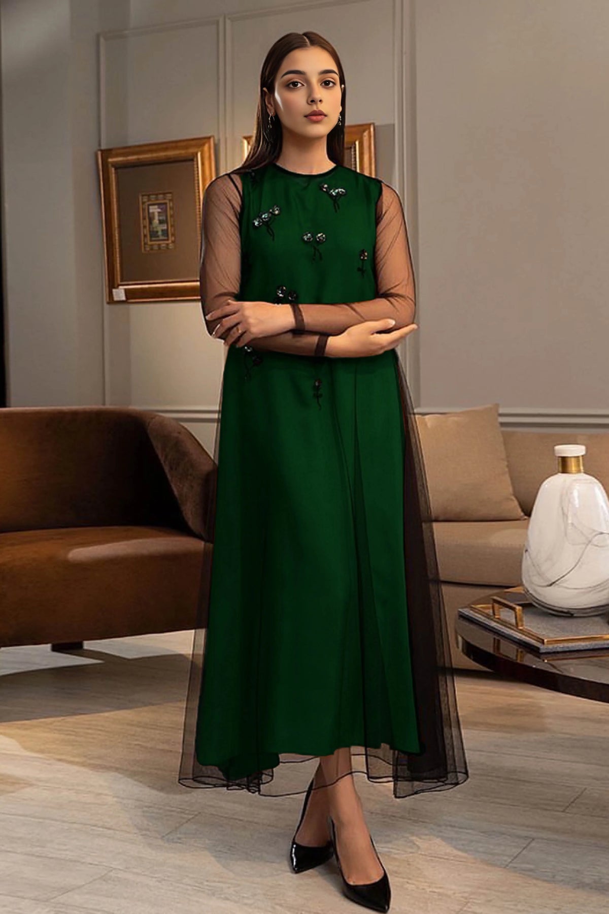 Hand Embellished Green Silk and Net Dress