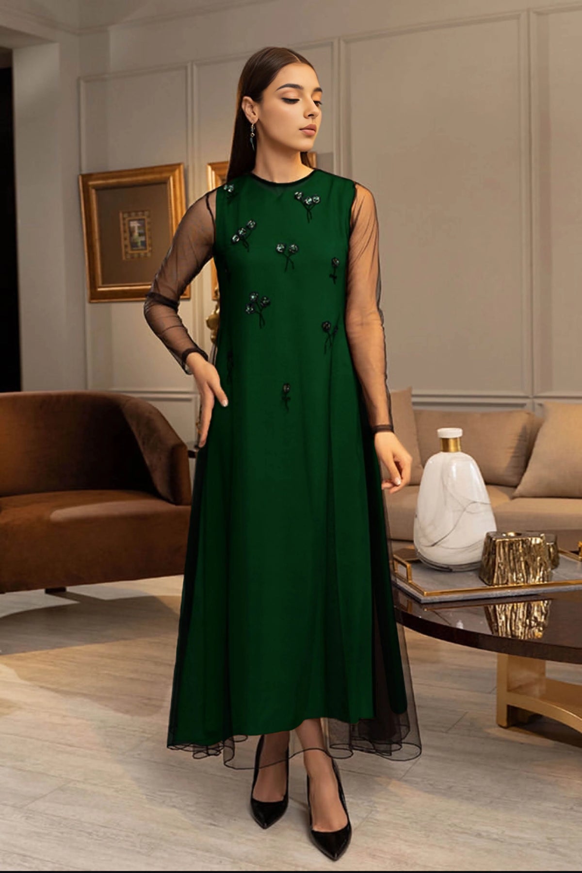 Hand Embellished Green Silk and Net Dress