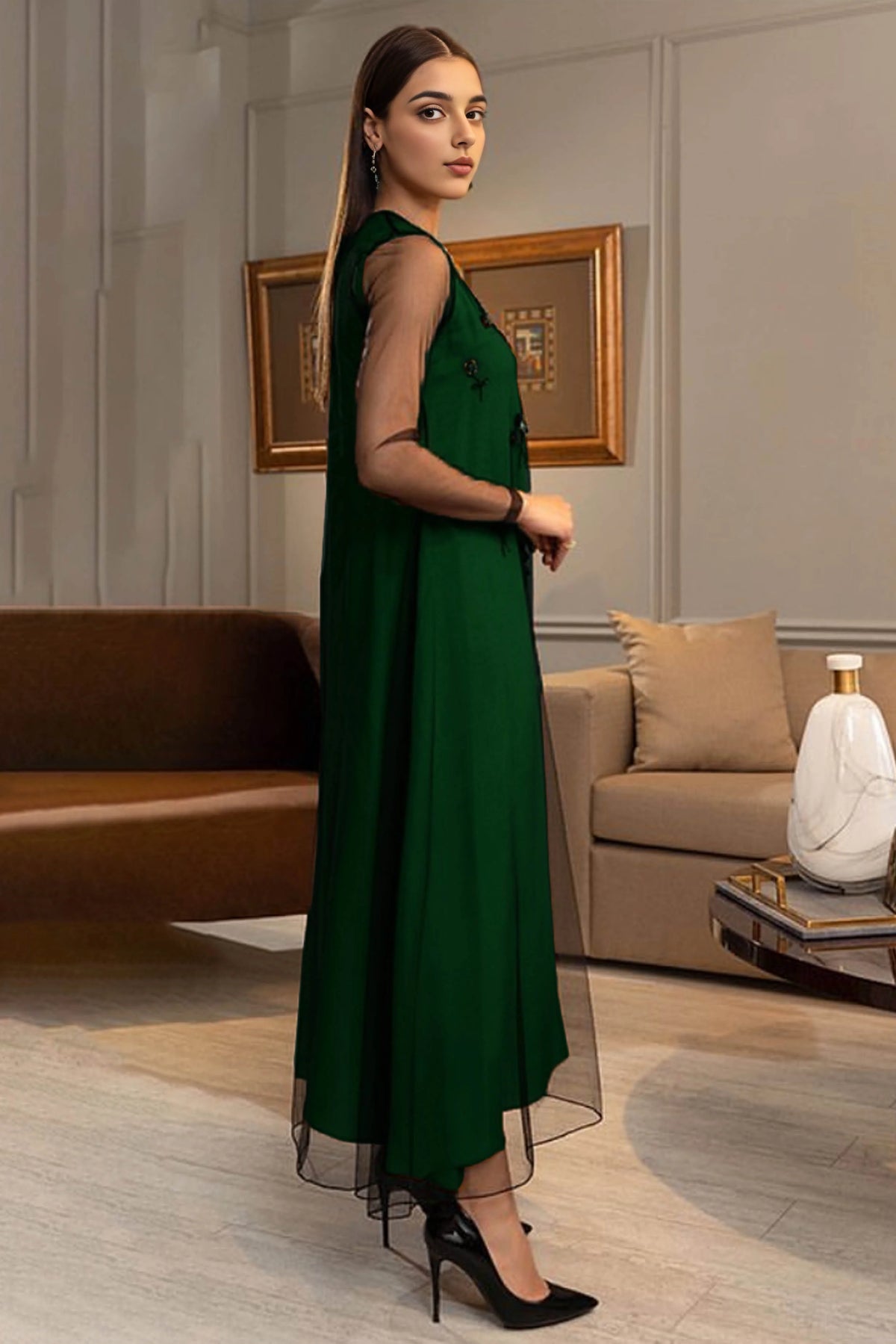 Hand Embellished Green Silk and Net Dress