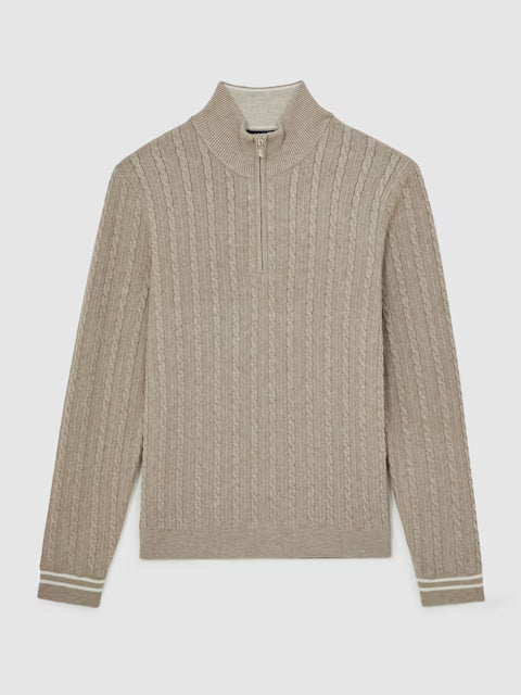 Oatmeal Brown Wool Blend Half-Zip Cable Knit Jumper