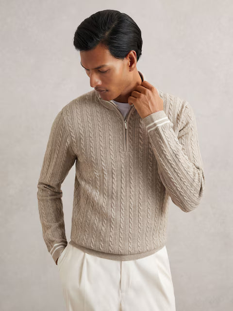 Oatmeal Brown Wool Blend Half-Zip Cable Knit Jumper