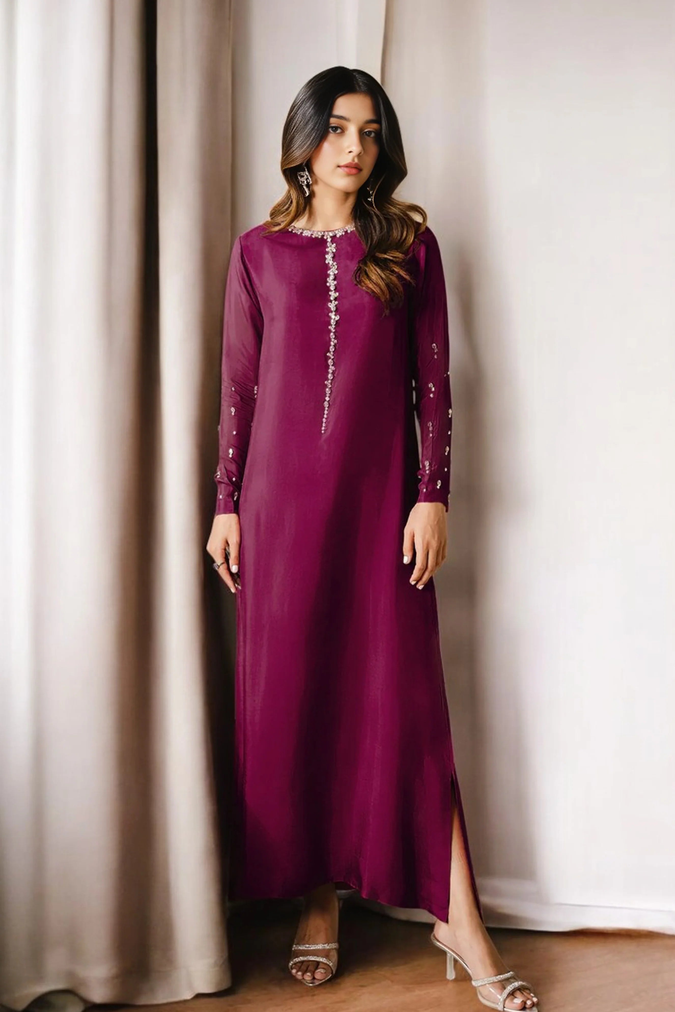 Long Burgundy Dress Featuring Delicate Crystal Hand Embroidery
