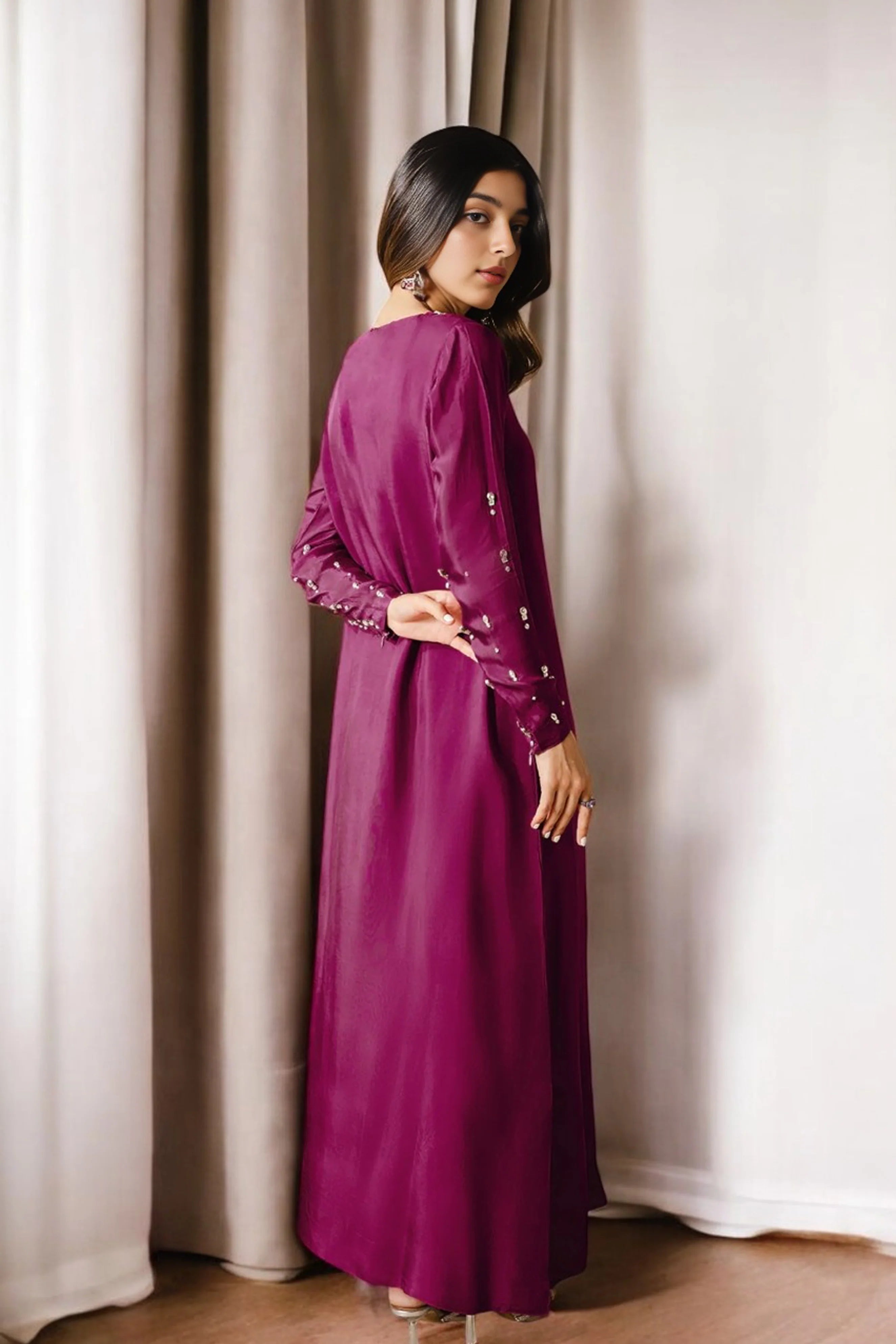 Long Burgundy Dress Featuring Delicate Crystal Hand Embroidery