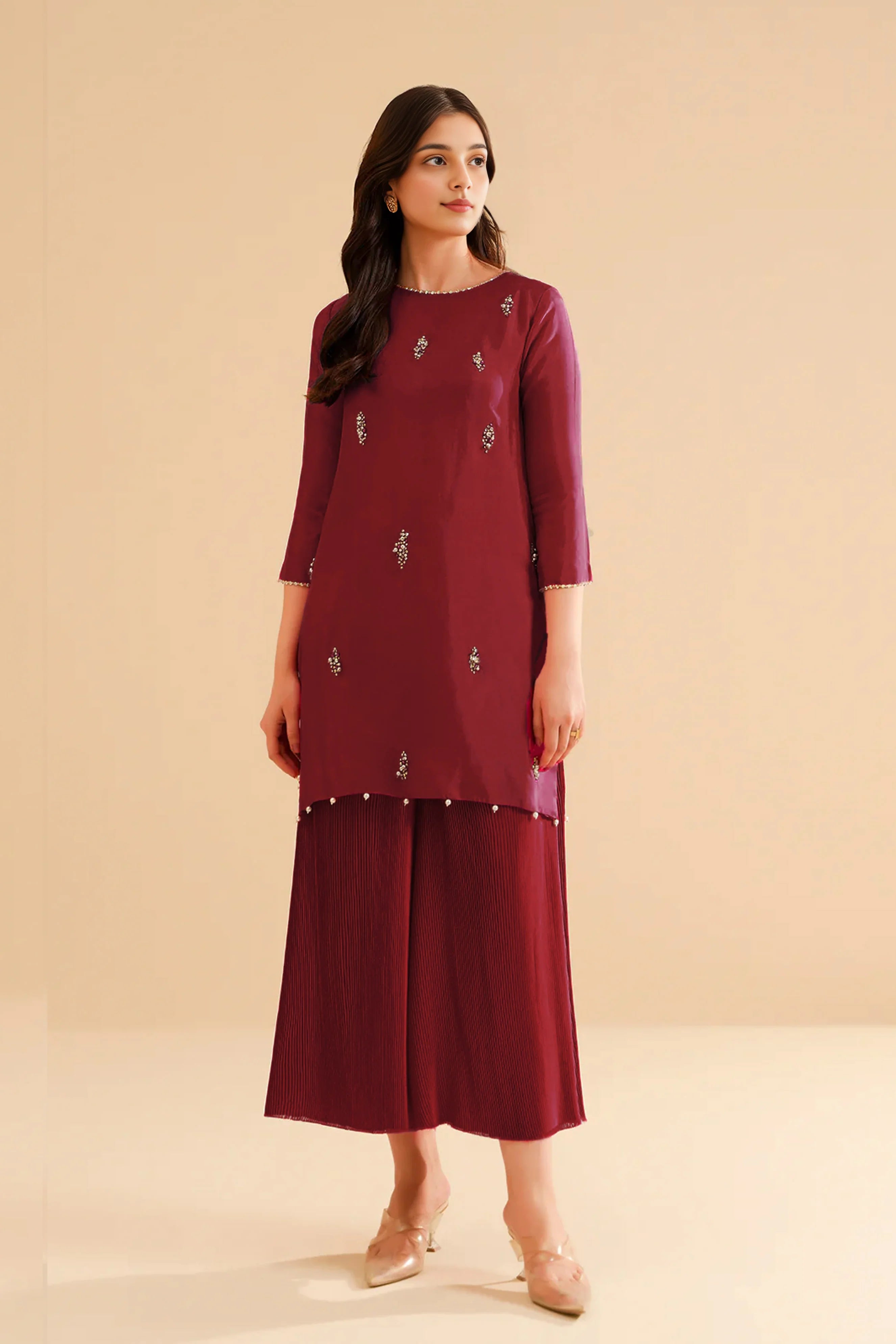Maroon Pleated Trouser Set with Crystal Embellished Top