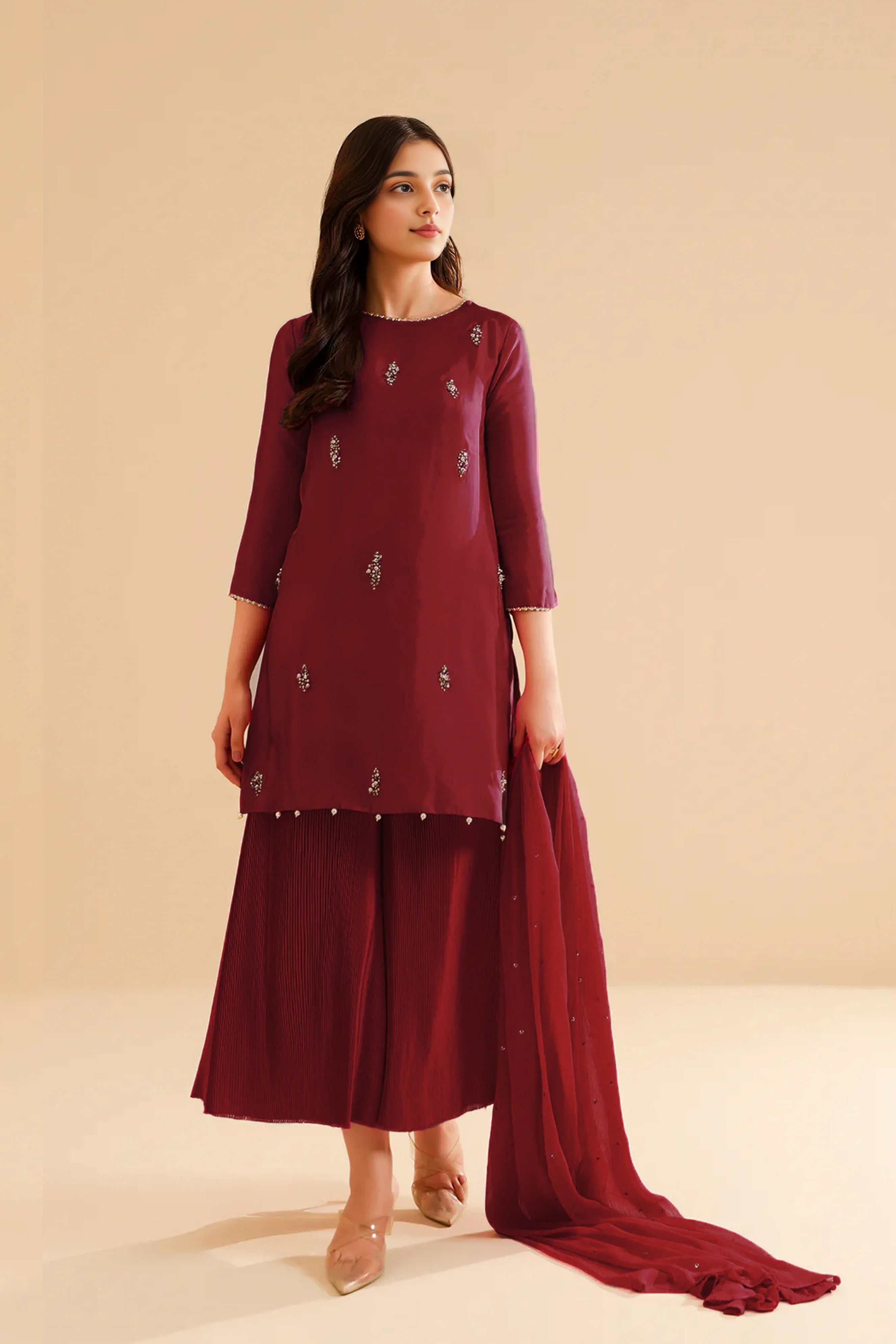 Maroon Pleated Trouser Set with Crystal Embellished Top