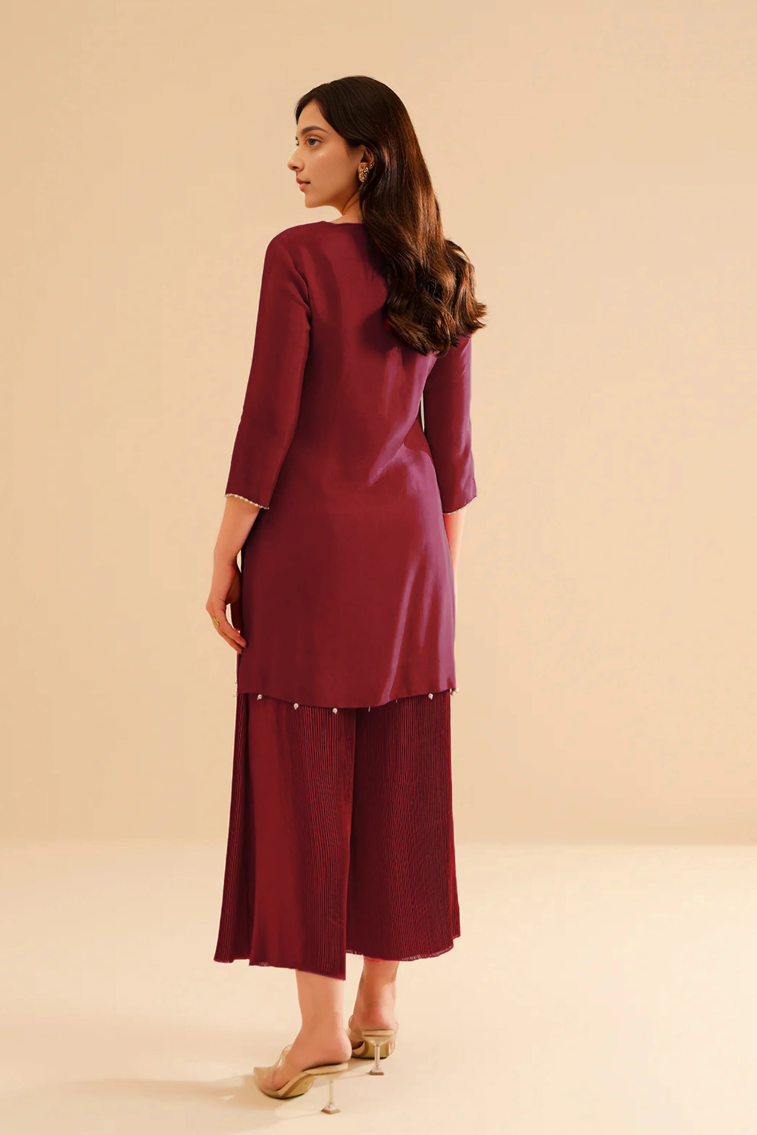 Maroon Pleated Trouser Set with Crystal Embellished Top