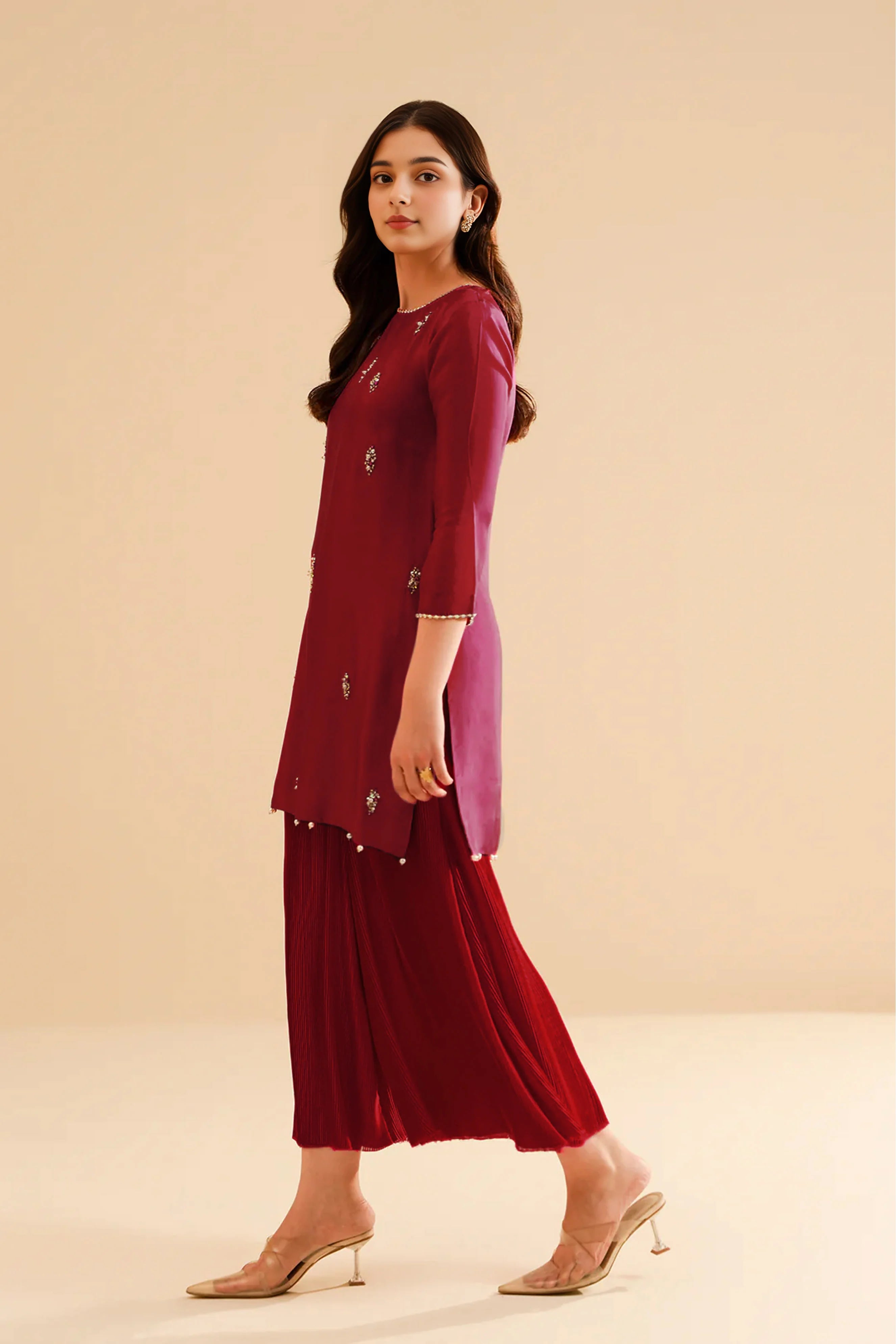 Maroon Pleated Trouser Set with Crystal Embellished Top