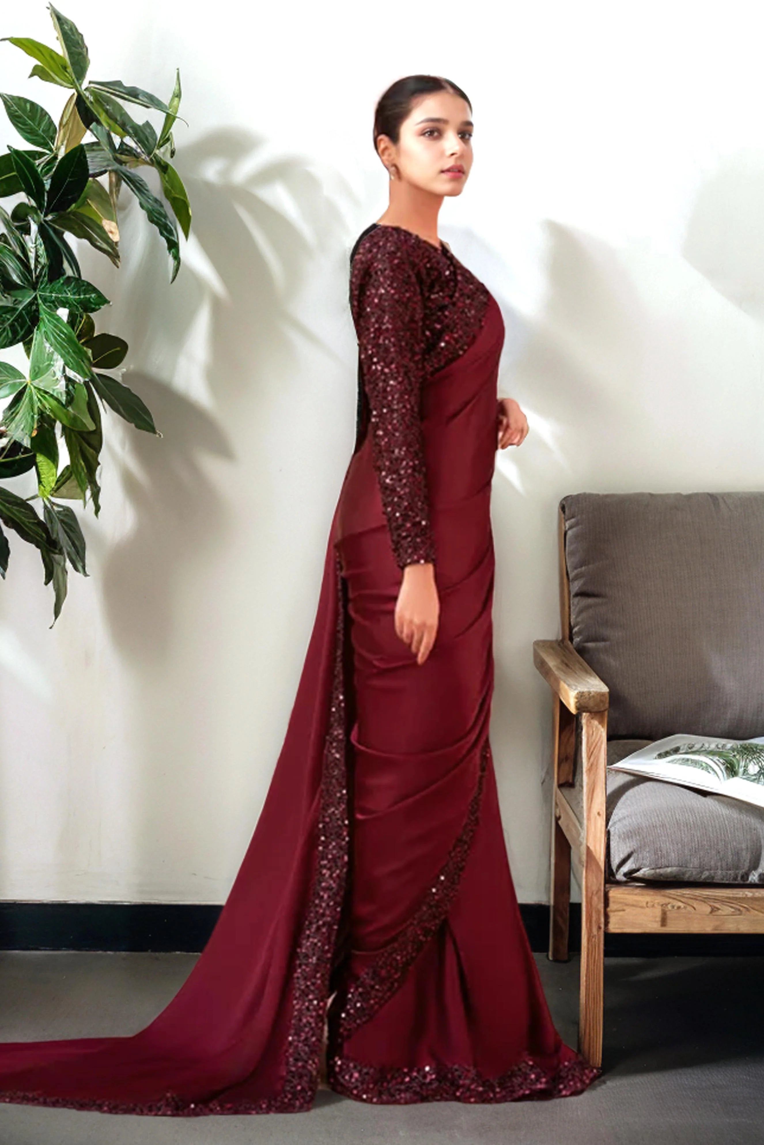 Maroon Silk Saree with Sequin Embellishments