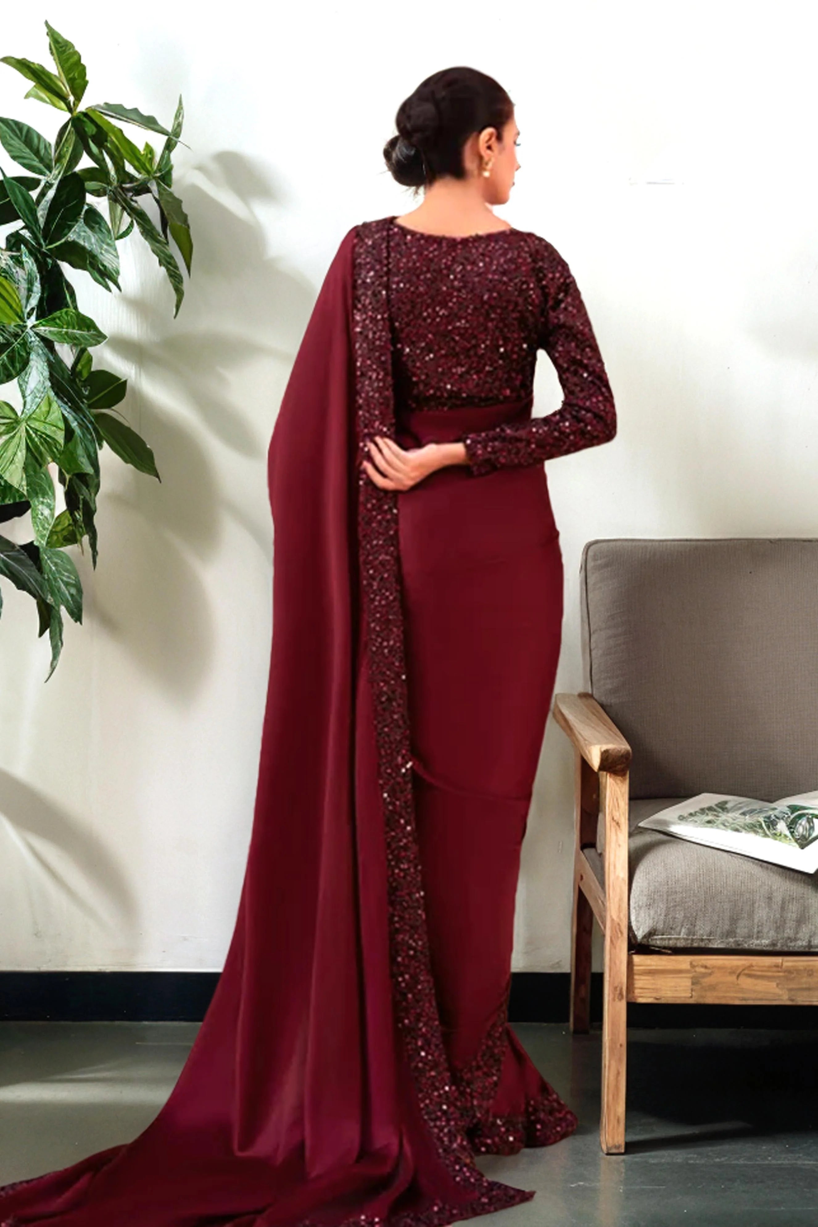 Maroon Silk Saree with Sequin Embellishments