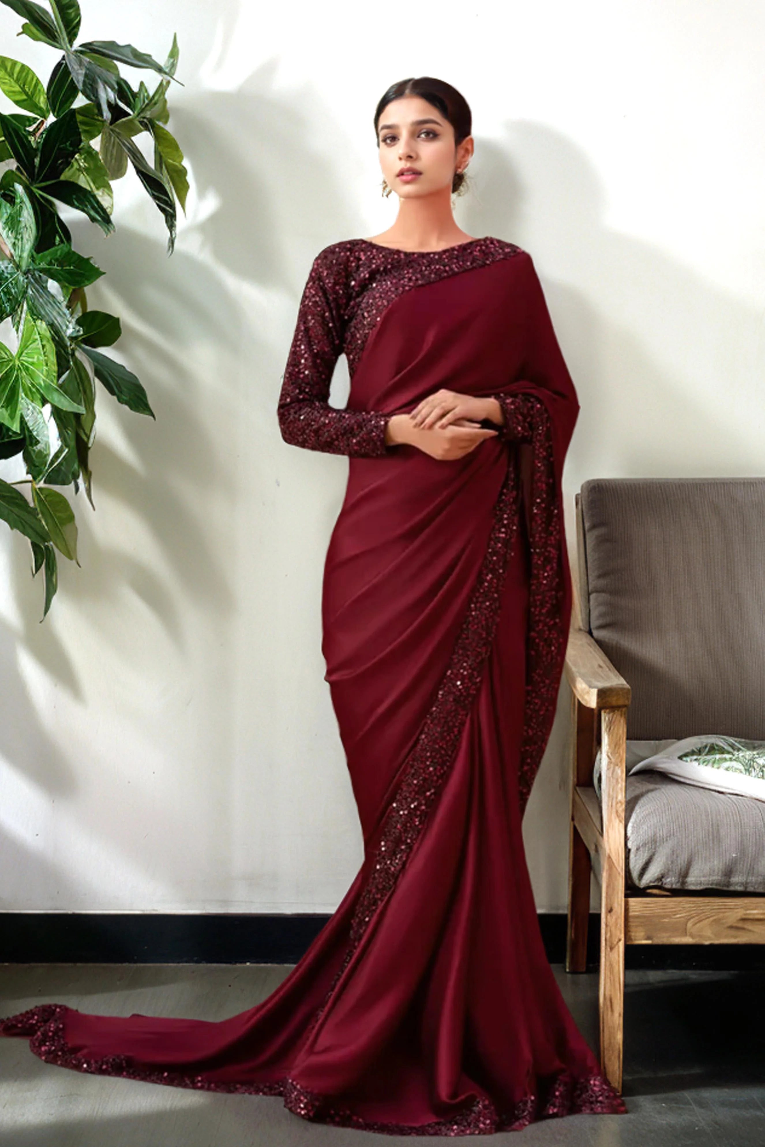 Maroon Silk Saree with Sequin Embellishments