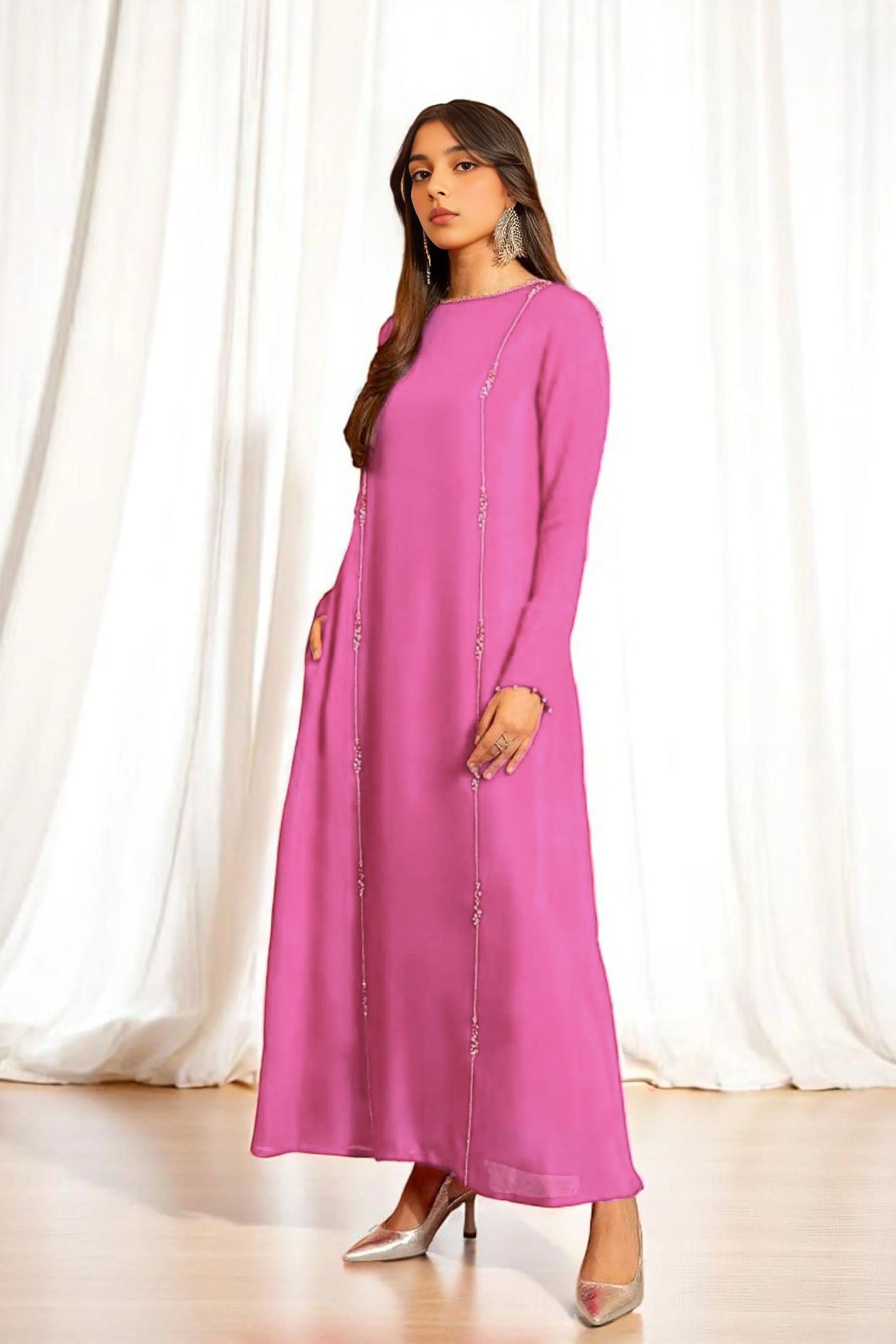 Soft Pink Long Dress with Crystal Hand Embellishment