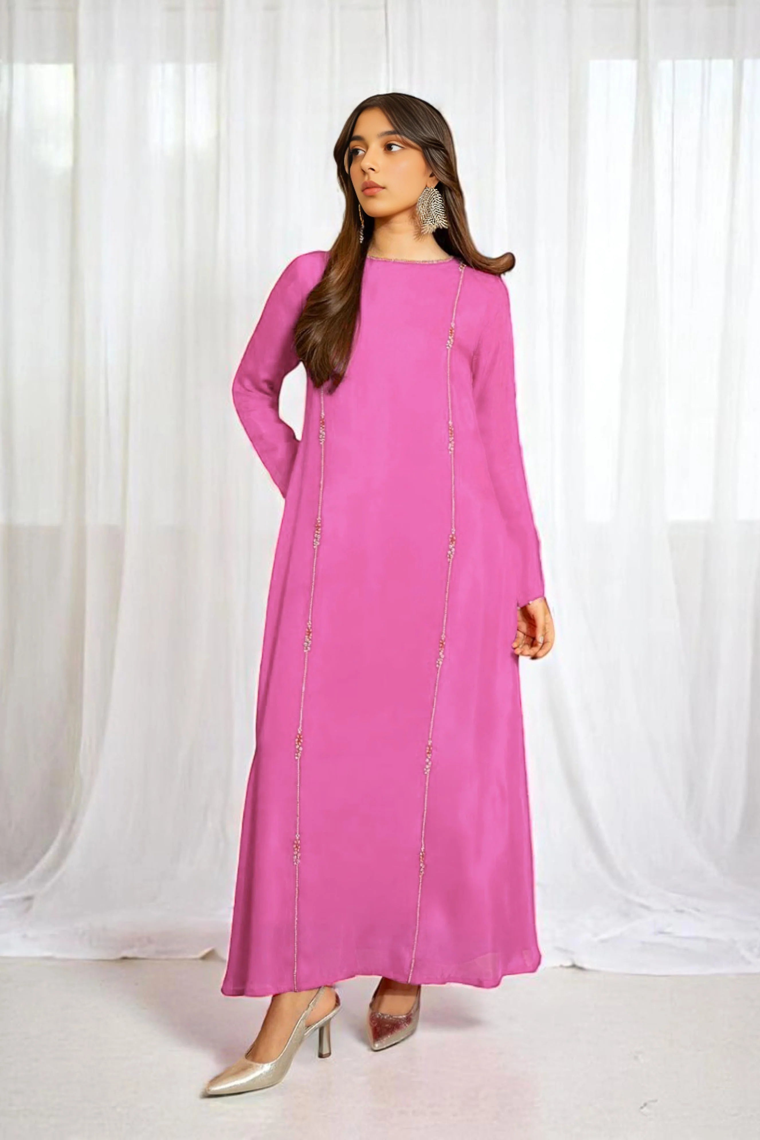 Soft Pink Long Dress with Crystal Hand Embellishment