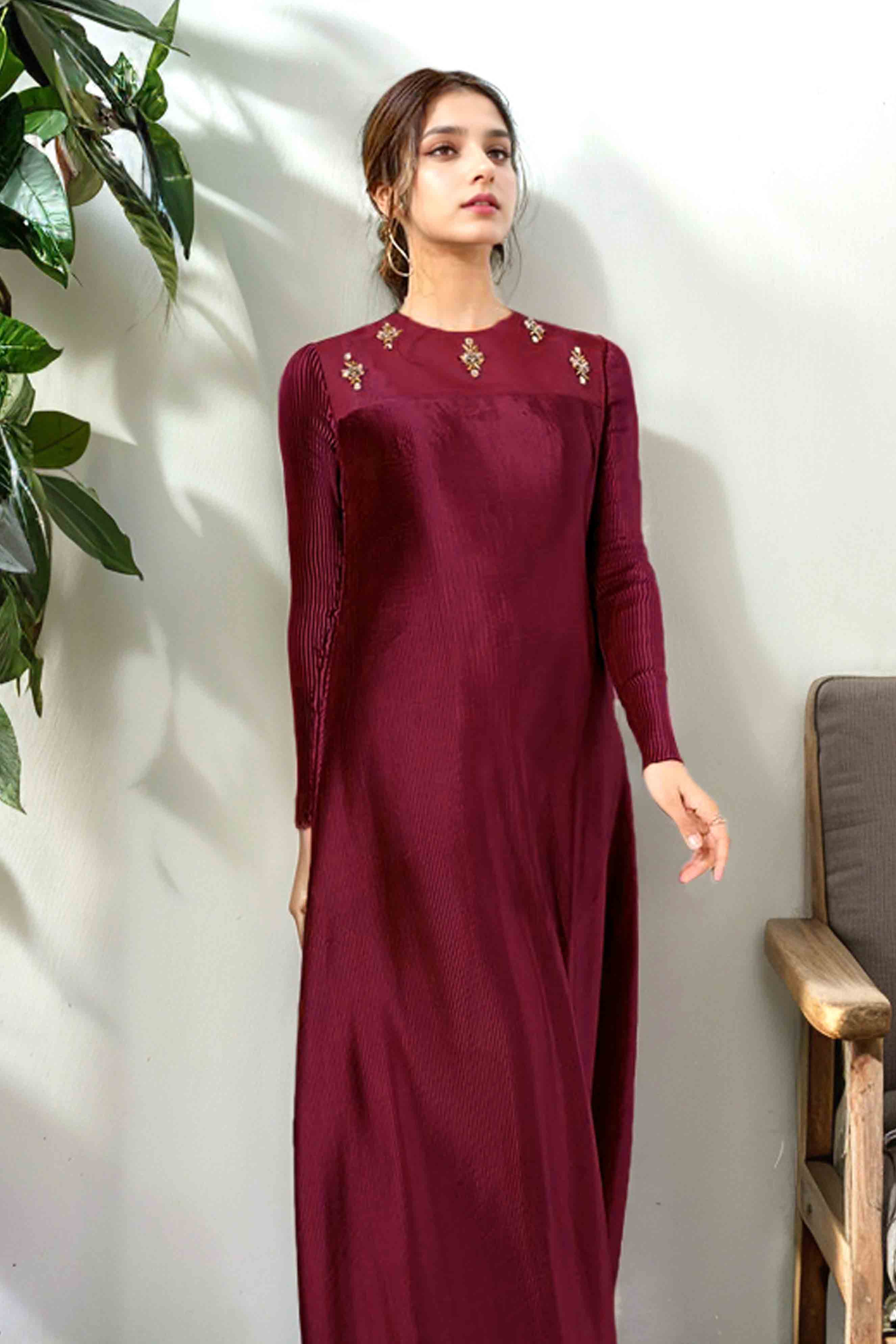 Hand Embellished Maroon Maxi with Elegant Pleats