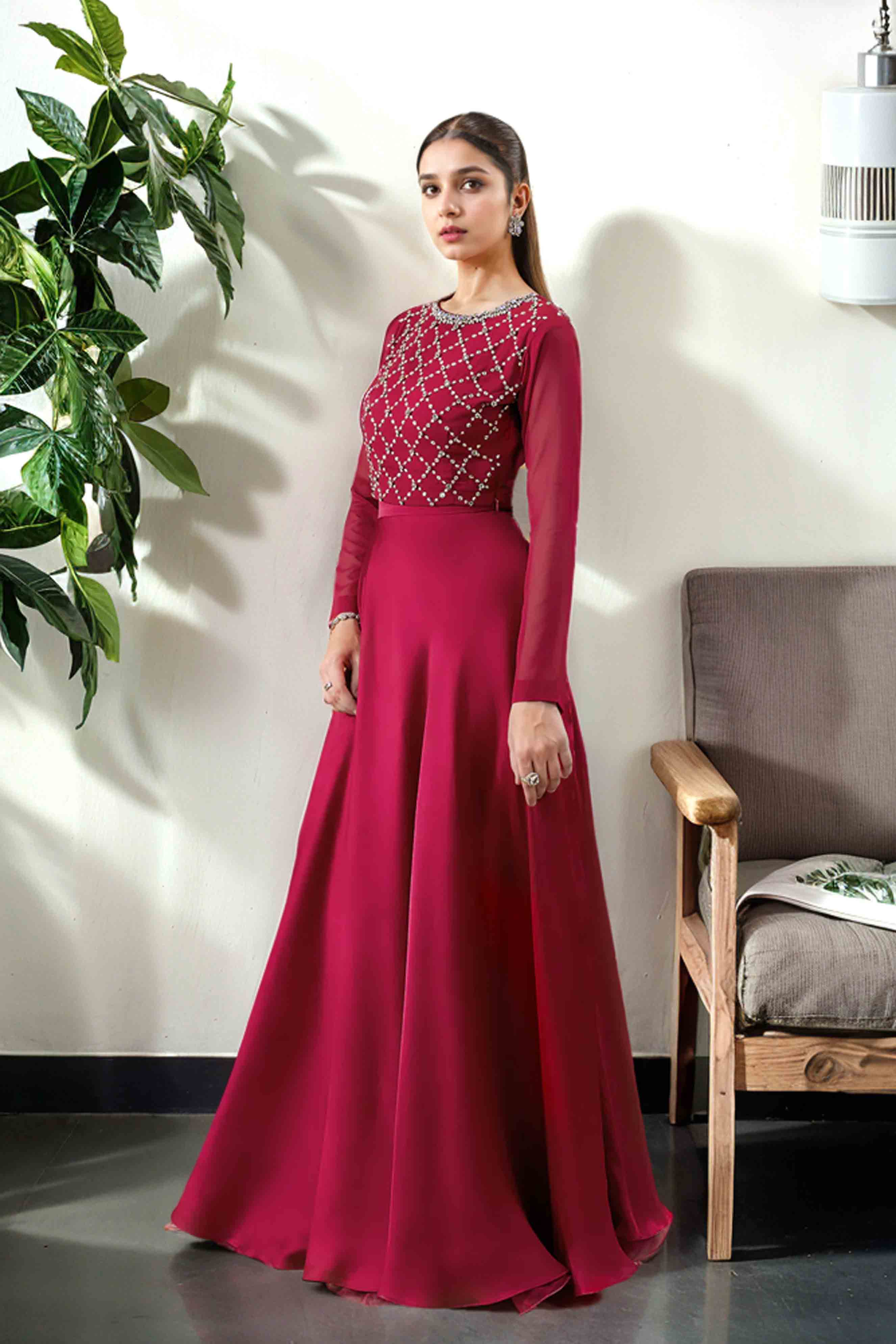 Elegant Red Crop Top and Silk Maxi Skirt Set