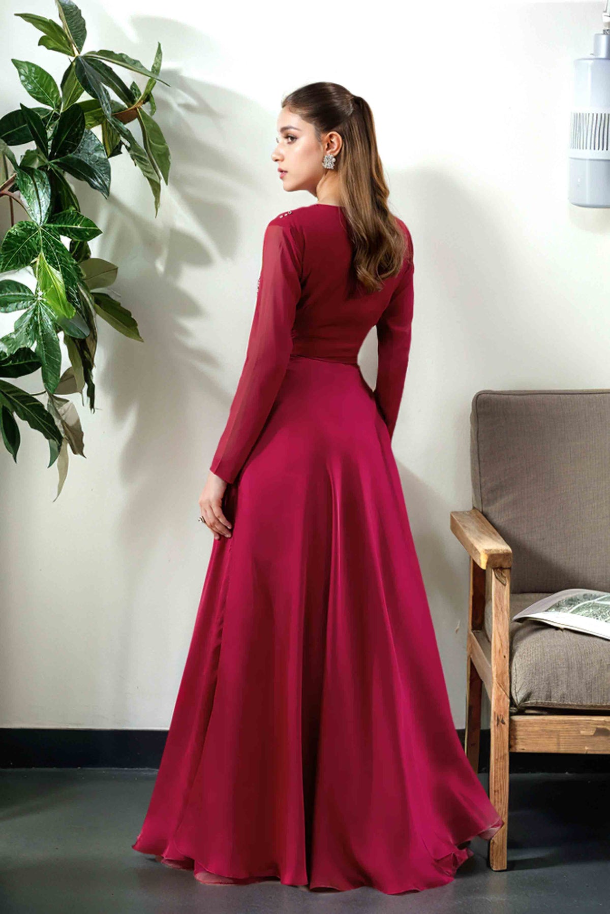 Elegant Red Crop Top and Silk Maxi Skirt Set