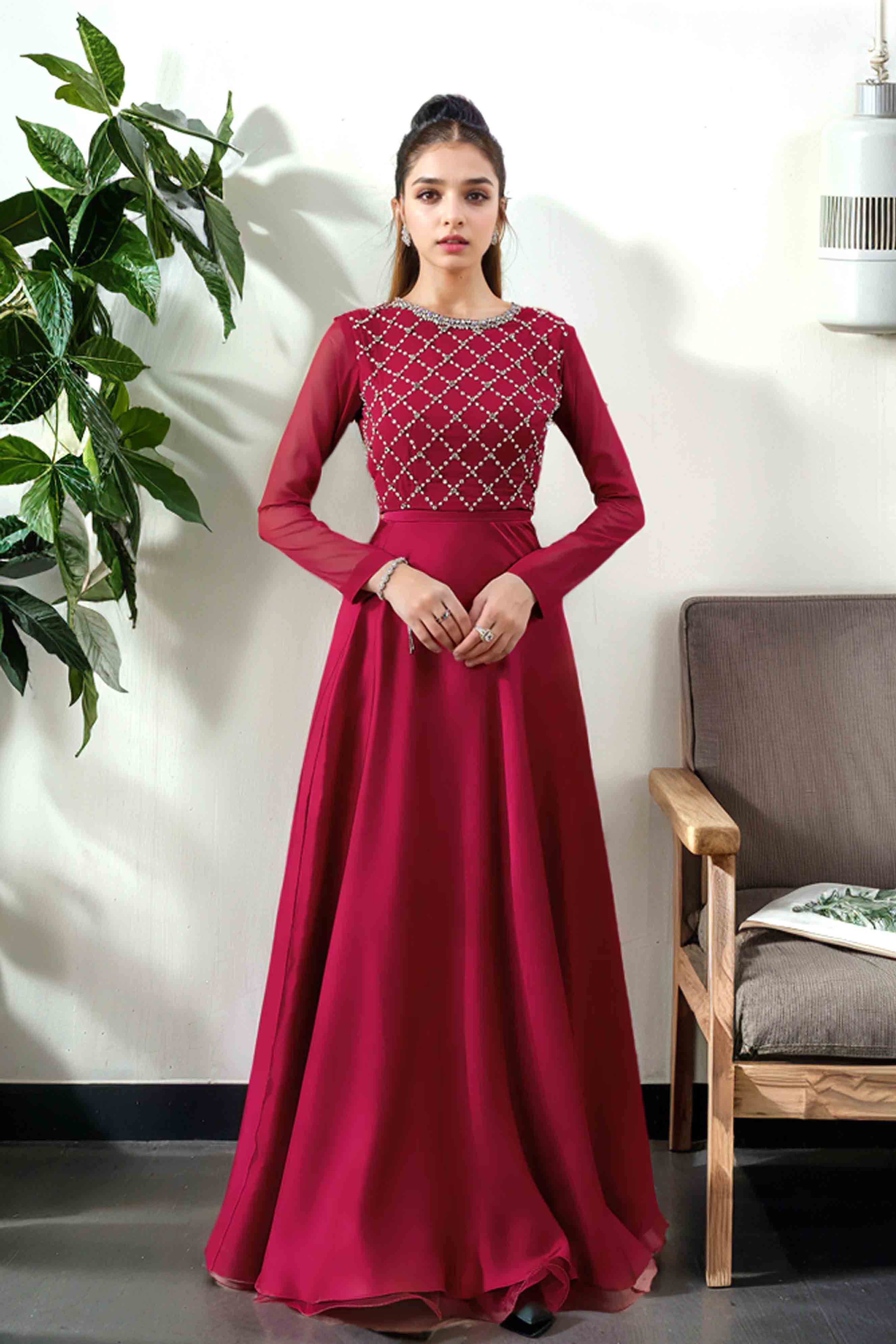 Elegant Red Crop Top and Silk Maxi Skirt Set