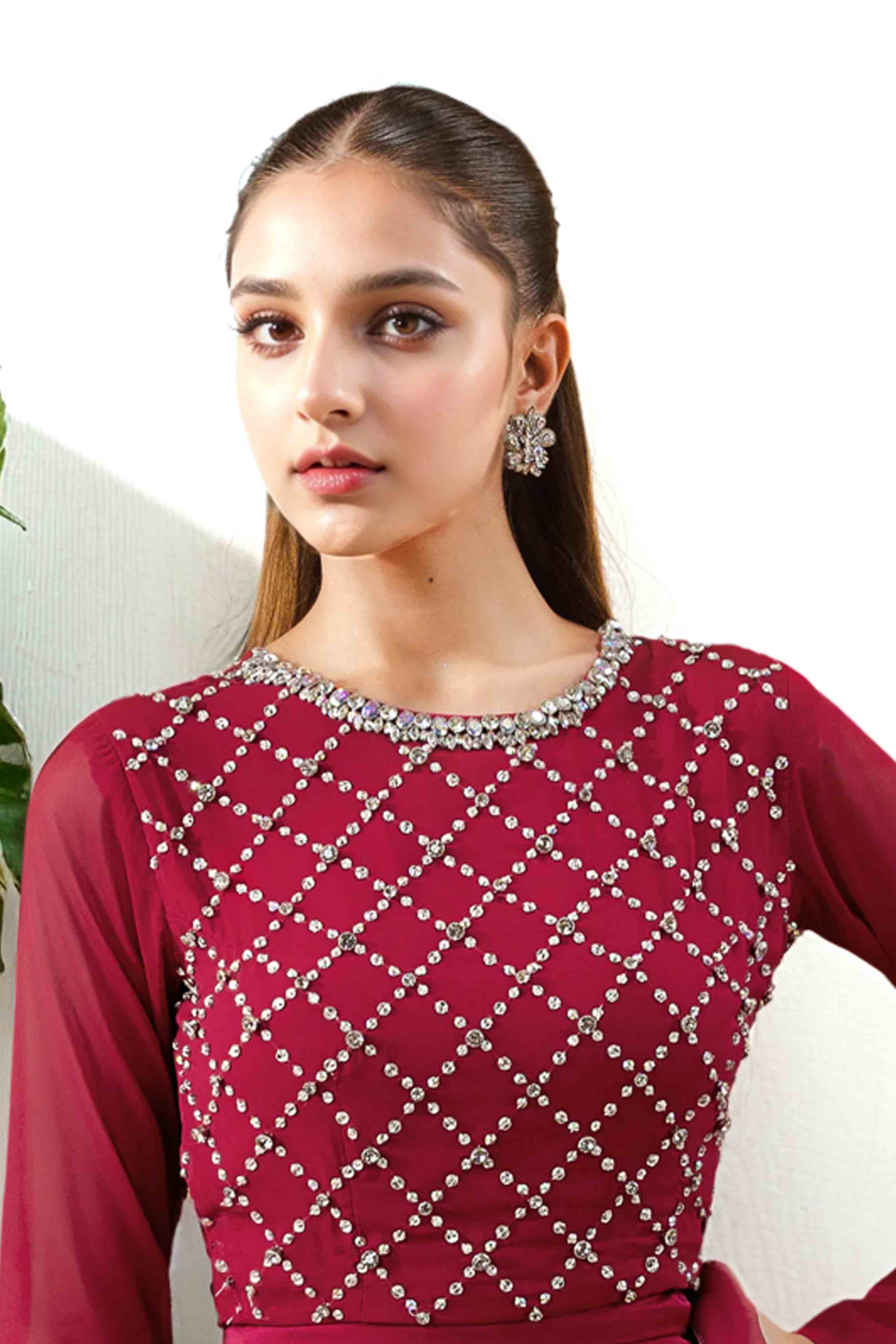 Elegant Red Crop Top and Silk Maxi Skirt Set