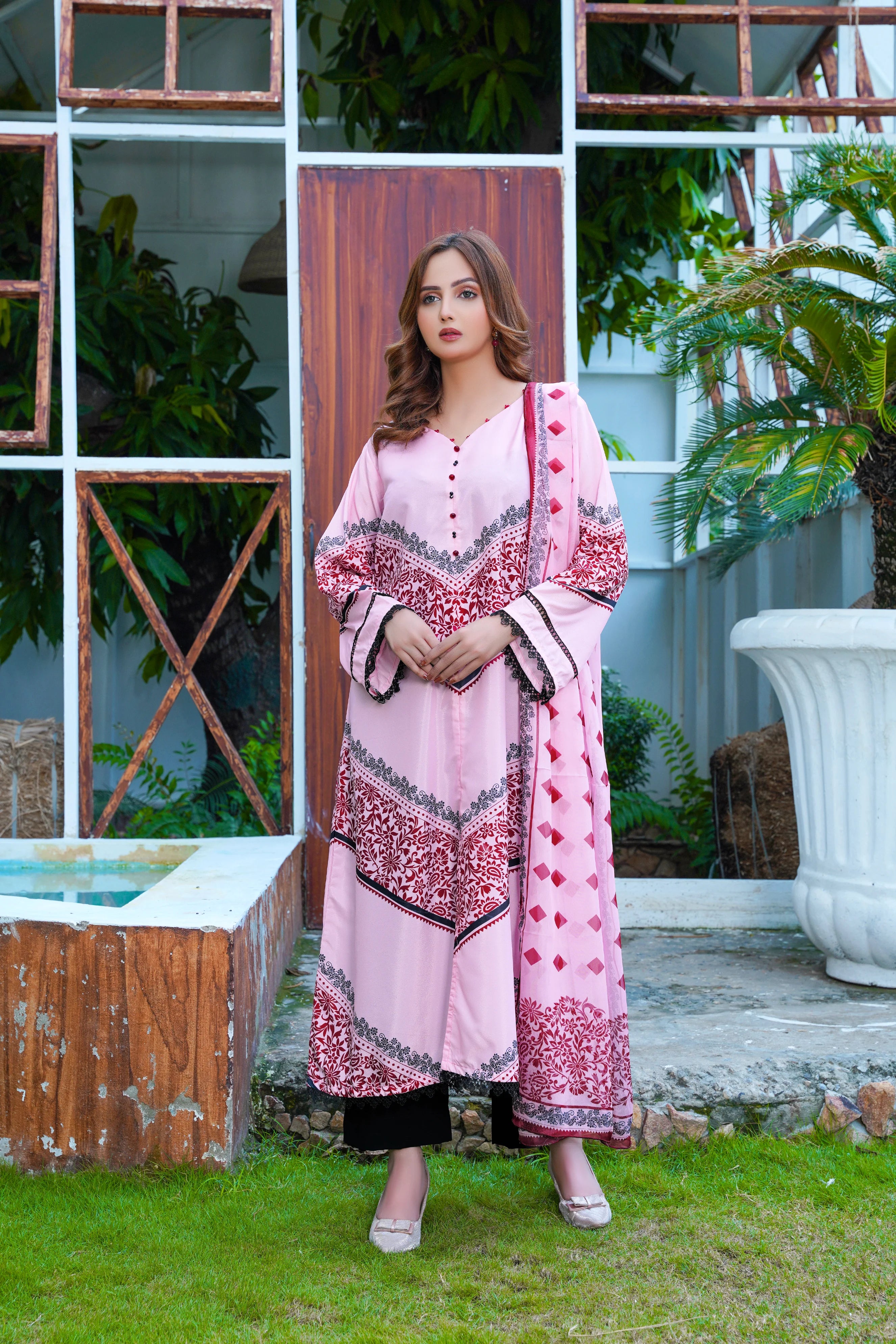 Pink and Red Lace Embellished Long Shirt