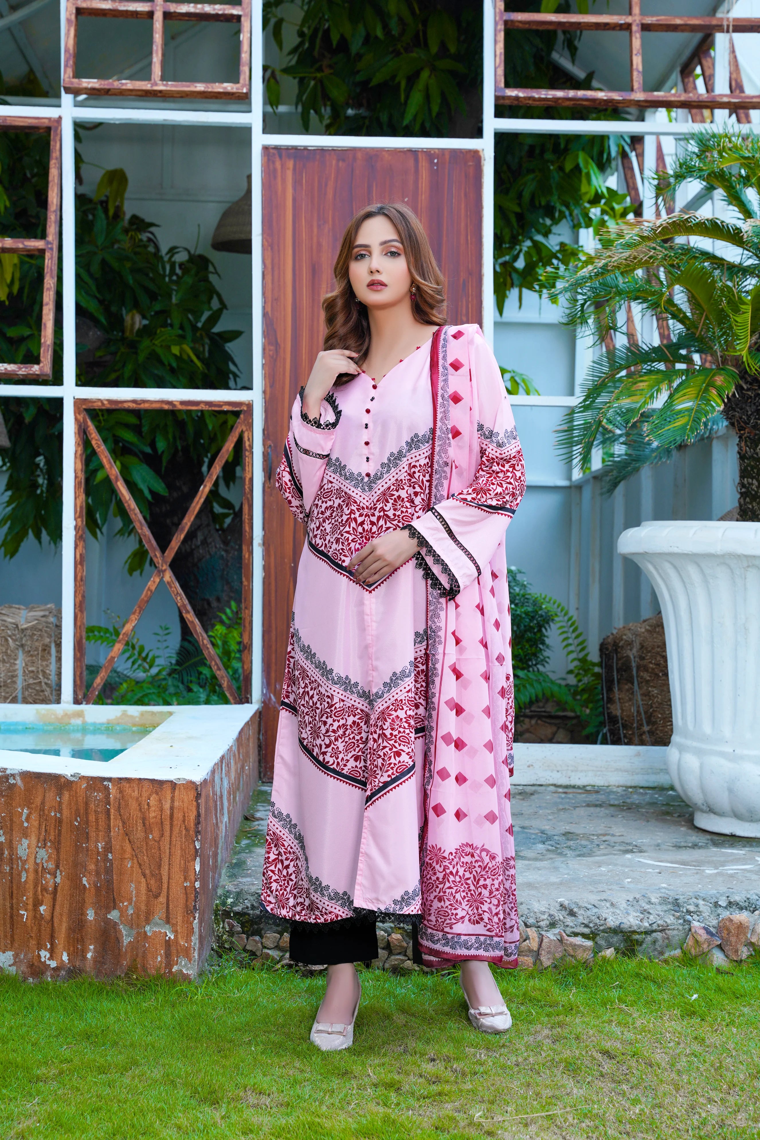 Pink and Red Lace Embellished Long Shirt