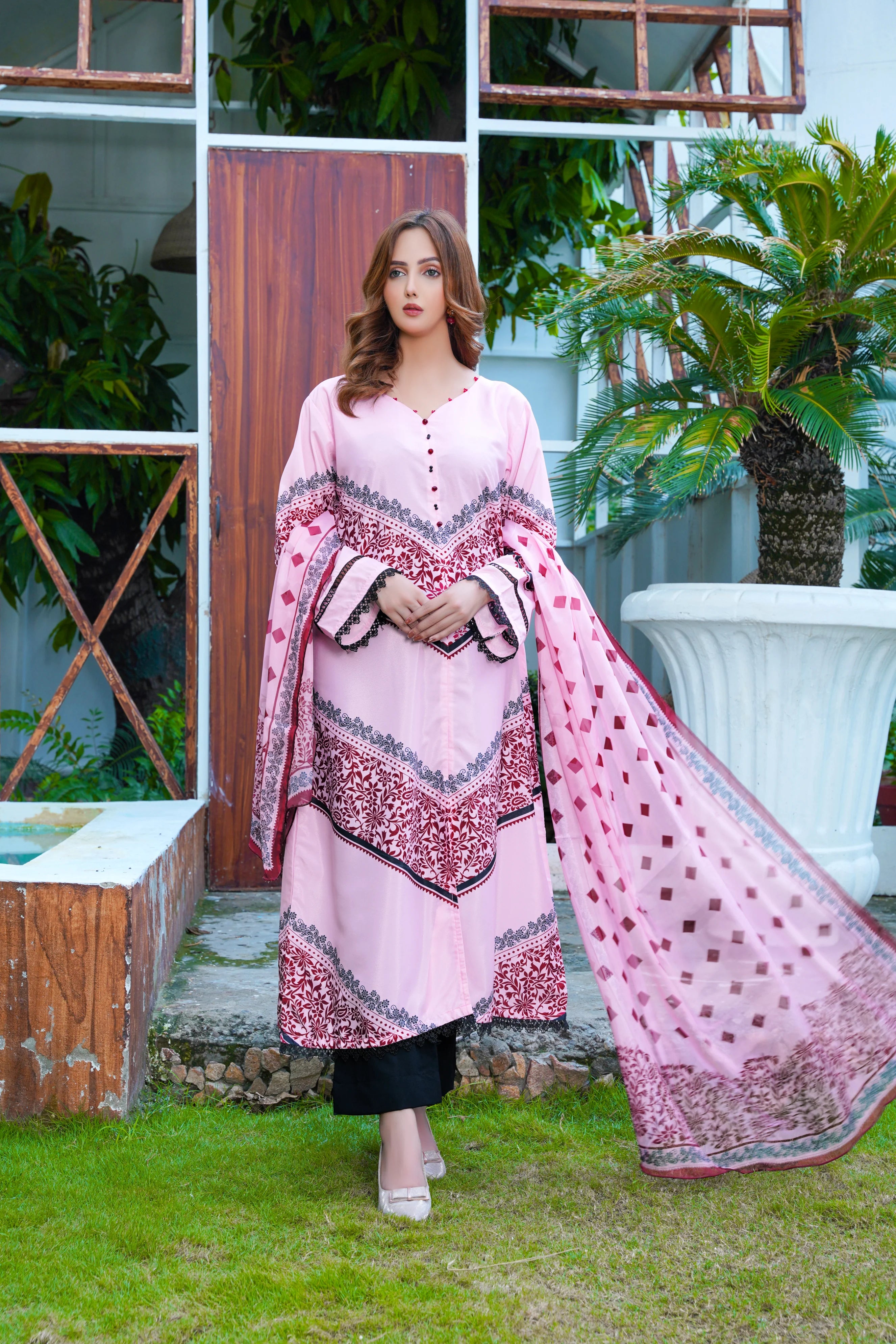 Pink and Red Lace Embellished Long Shirt